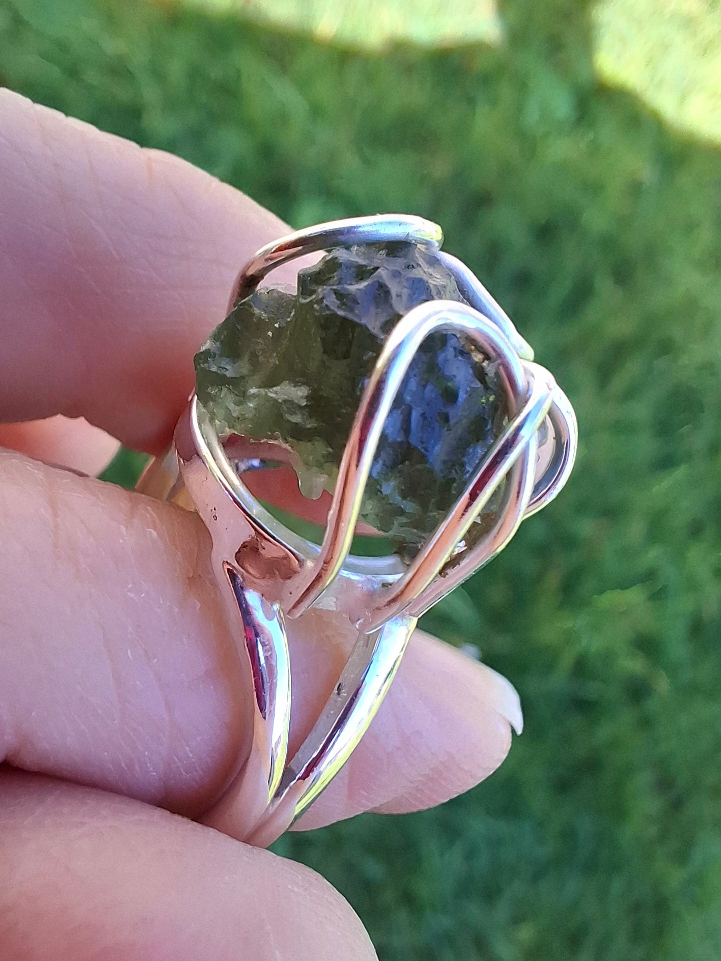 Moldavite Ring, size O, 925 Silver, Tektite (Ref: R7)