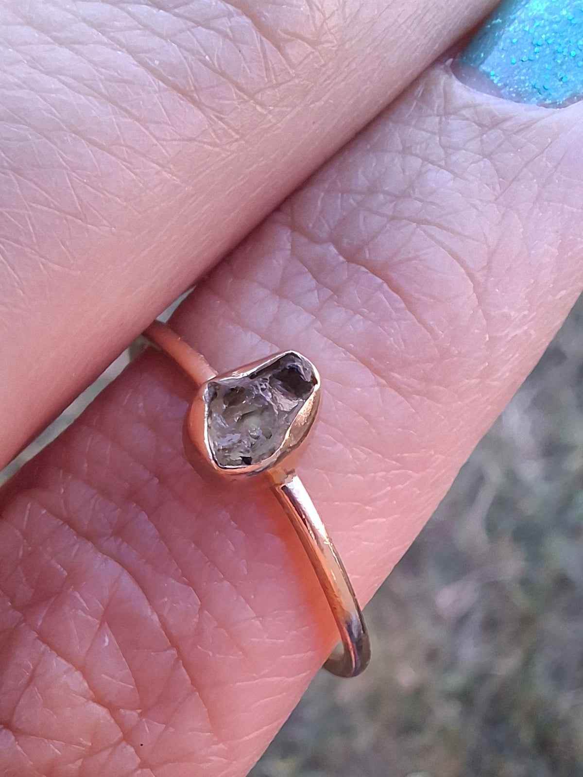 Moldavite Ring, 14K GOLD Plated, size large T, Tektite (Ref: R350)