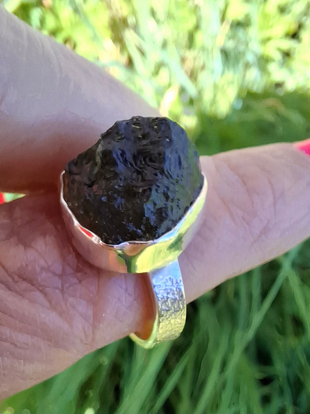 Moldavite Ring, size O, 925 Silver, Tektite (Ref: R312)