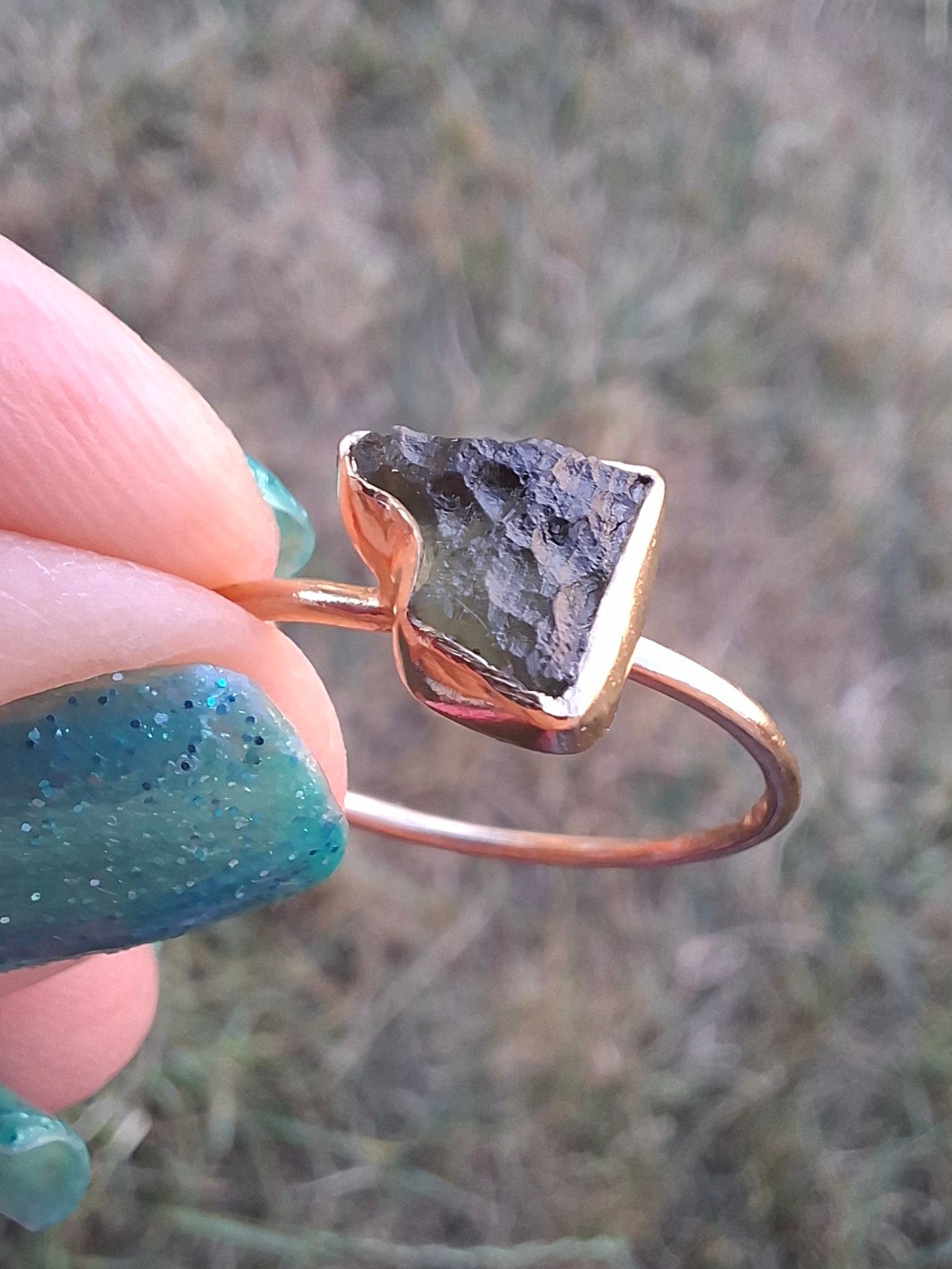 Moldavite Ring, 14K GOLD Plated, size large U, Tektite (Ref: R351)