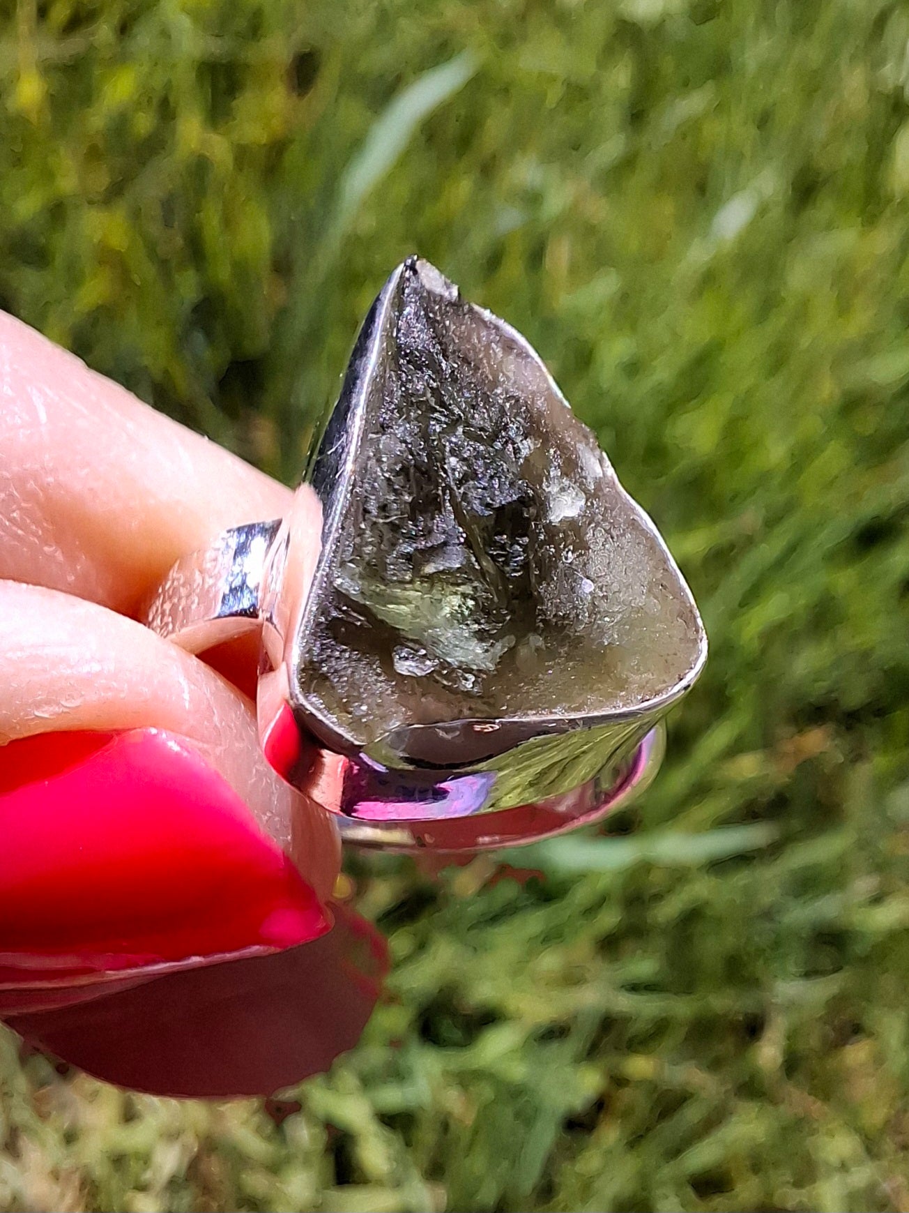 Moldavite Ring, size small K, 925 Silver, Tektite (Ref: R299)