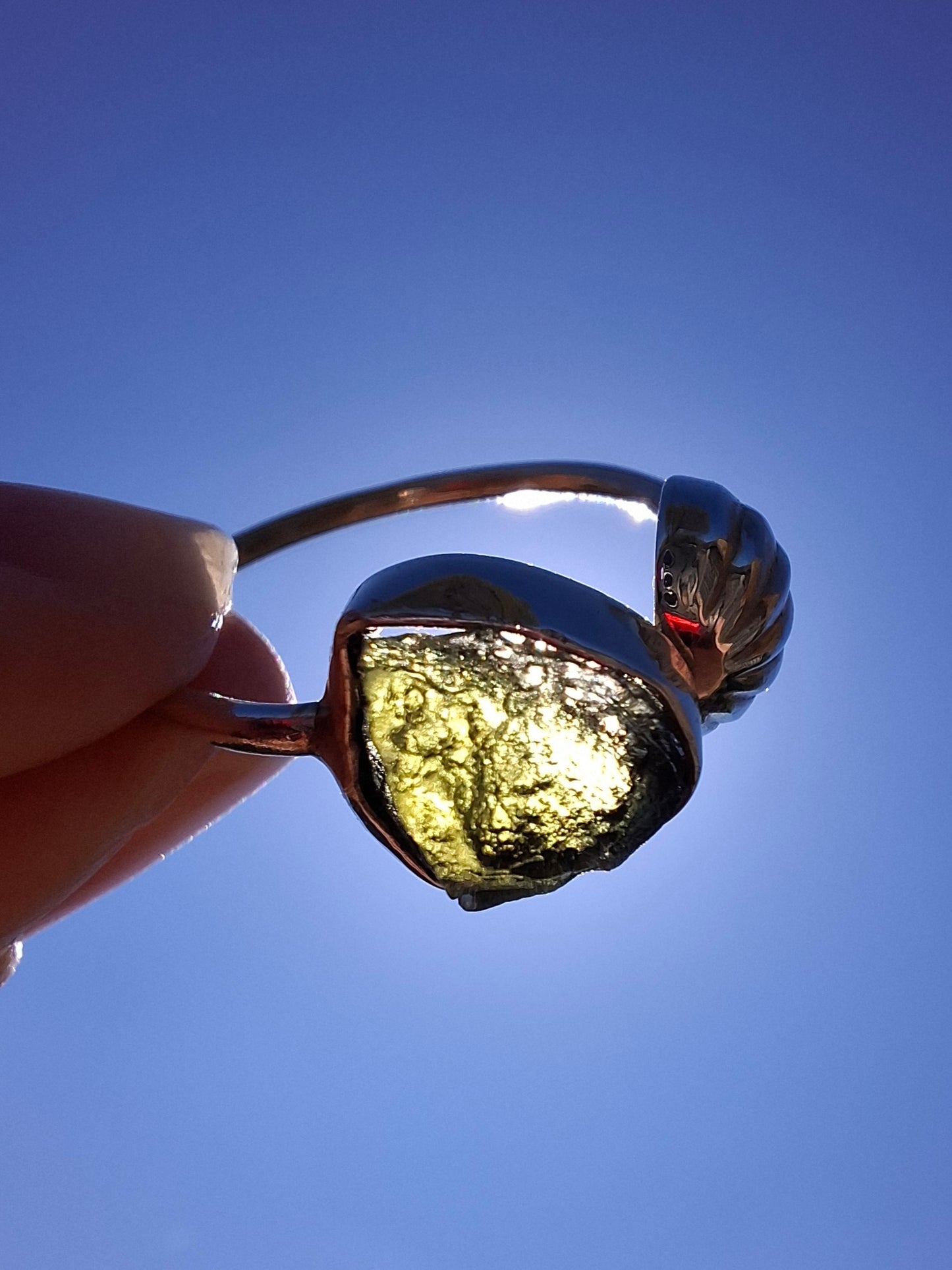 Moldavite ADJUSTABLE Ring, size large V/small W, 925 Silver, Tektite (Ref: AR51)