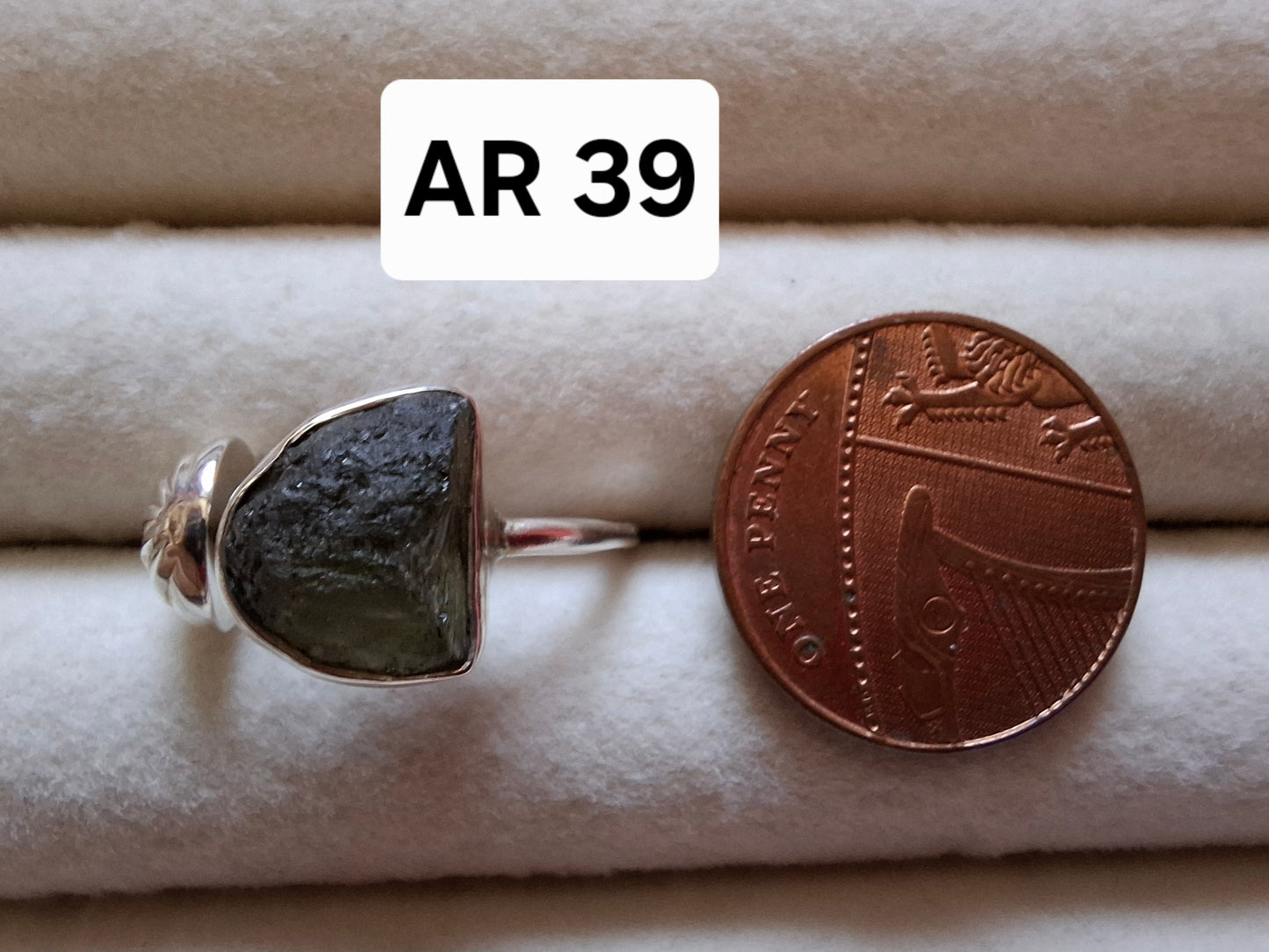 Moldavite ADJUSTABLE Ring, size large N, 925 Silver, Tektite (Ref: AR 39)