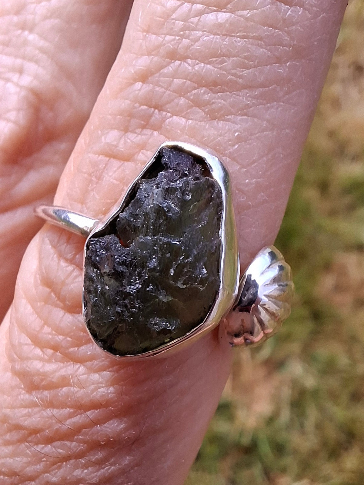 Moldavite ADJUSTABLE Ring, size large R, 925 Silver, Tektite (Ref: AR49)