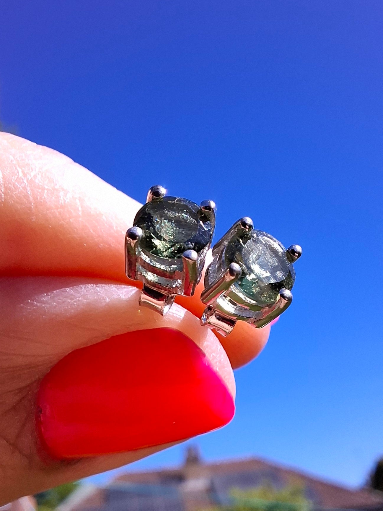 Moldavite (faceted) 5mm STUD EARRINGS, 925 Silver, Tektite (Ref: Pair51)