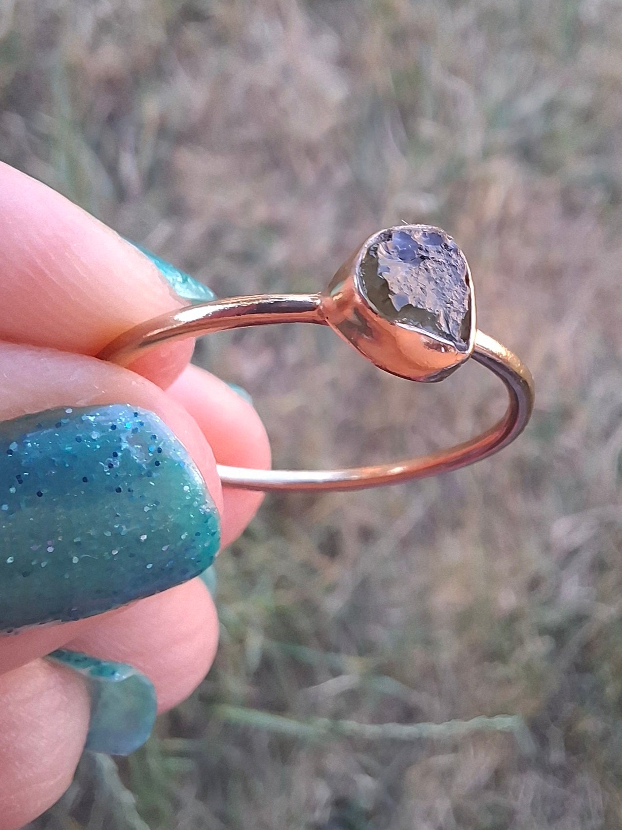 Moldavite Ring, 14K GOLD Plated, size U, Tektite (Ref: R348)