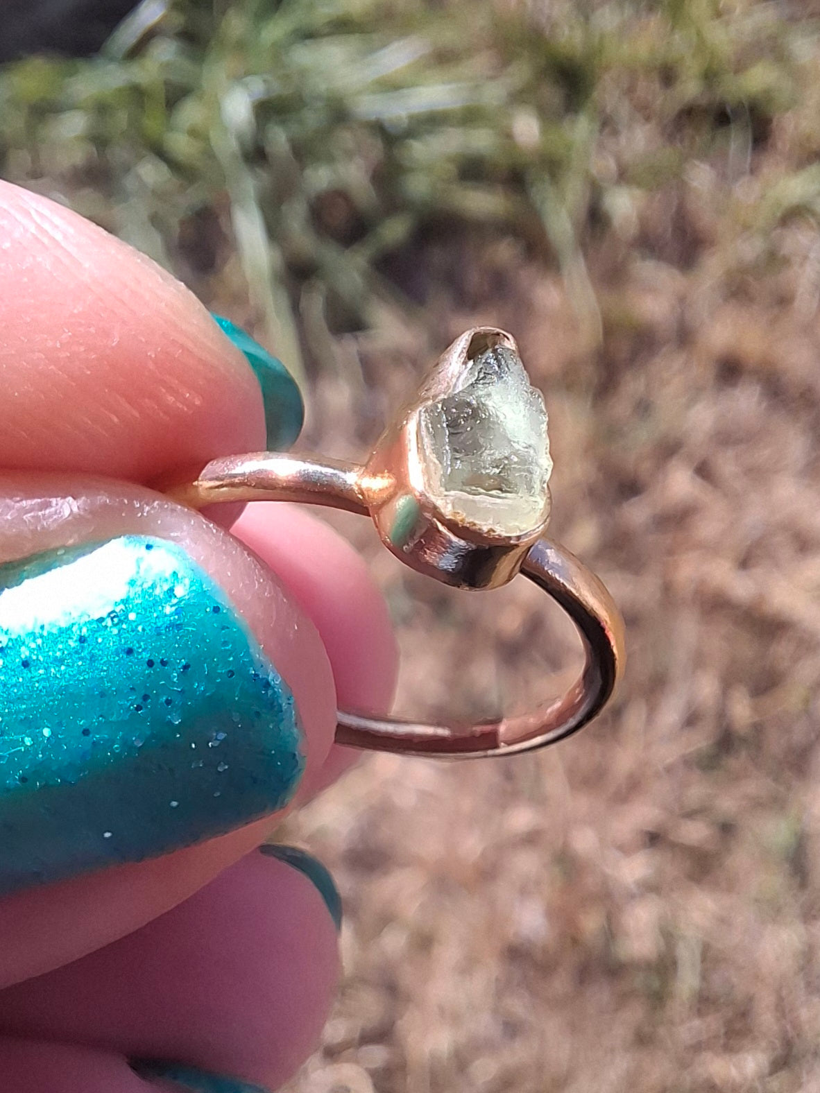 Moldavite Ring, 14K GOLD Plated, size large J, Tektite (Ref: R338)