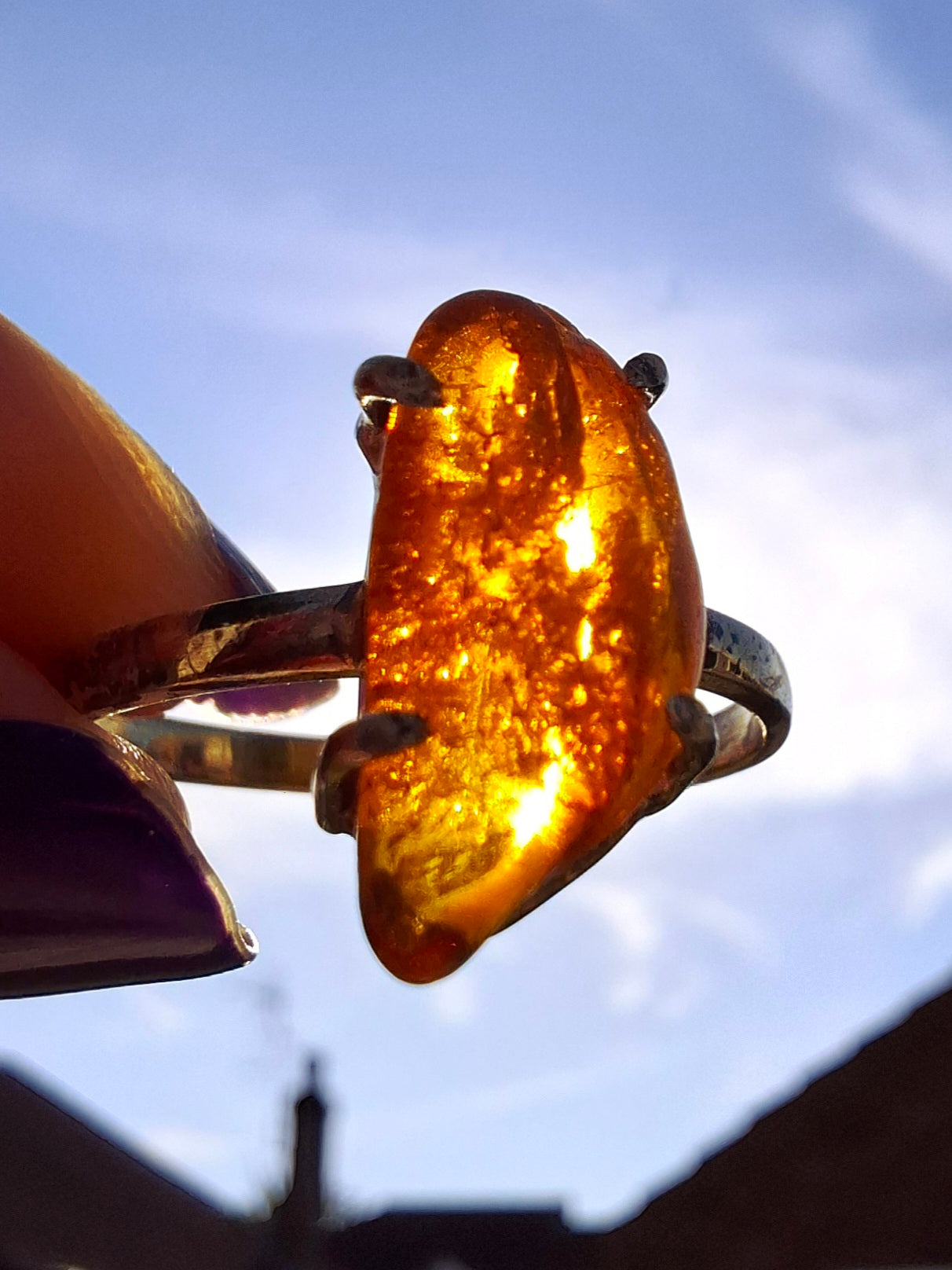 Baltic Amber Ring, size large T/small U, 925 Silver, Fossil (Ref: AR19)