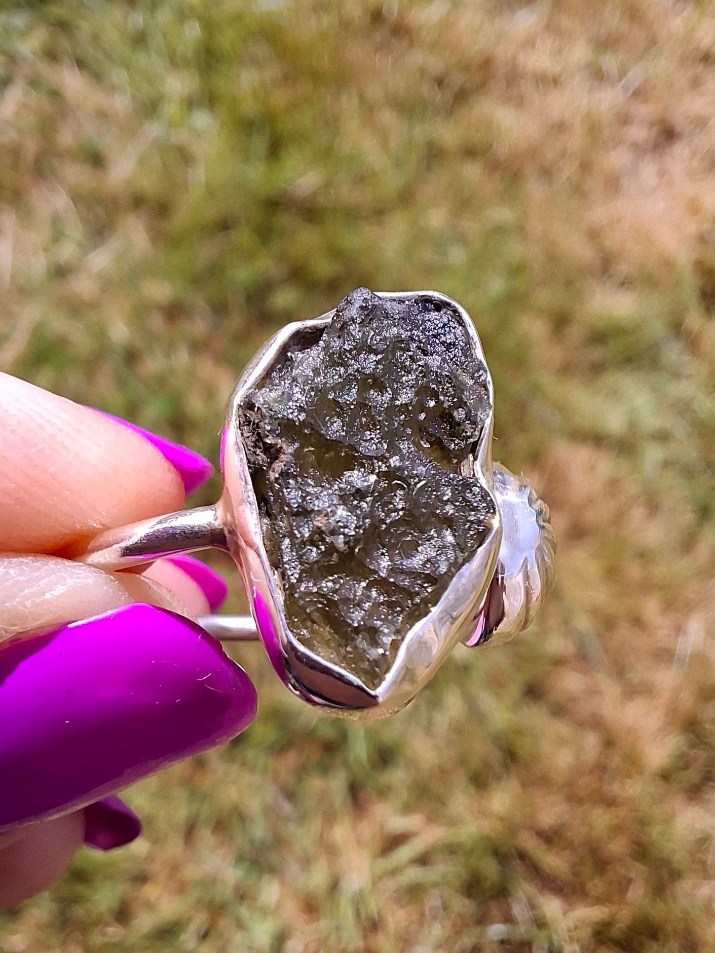 Moldavite ADJUSTABLE Ring, size large O, 925 Silver, Tektite (Ref: AR44)