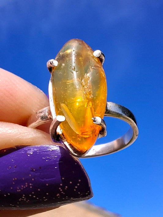 Baltic Amber Ring, size large J/small K, 925 Silver, Fossil (Ref: AR30)