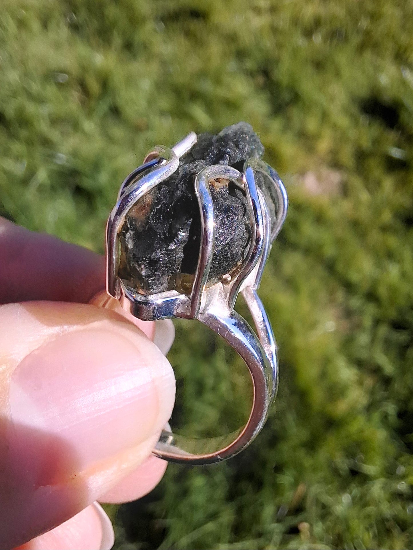Moldavite Ring, size O, 925 Silver, Tektite (Ref: R8)
