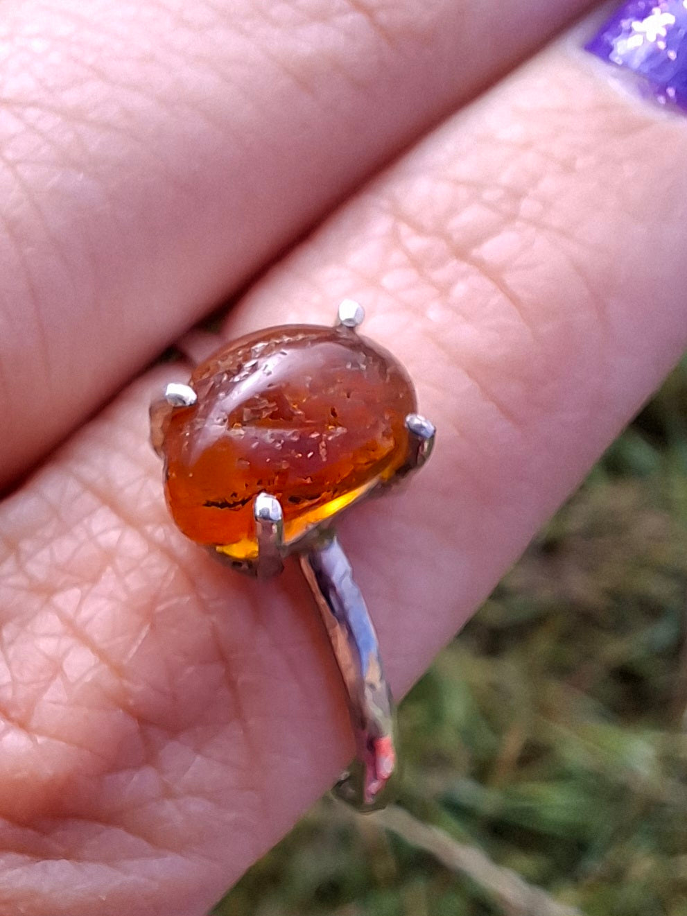 Baltic Amber Ring, size large W, 925 Silver, Fossil (Ref: AR29)