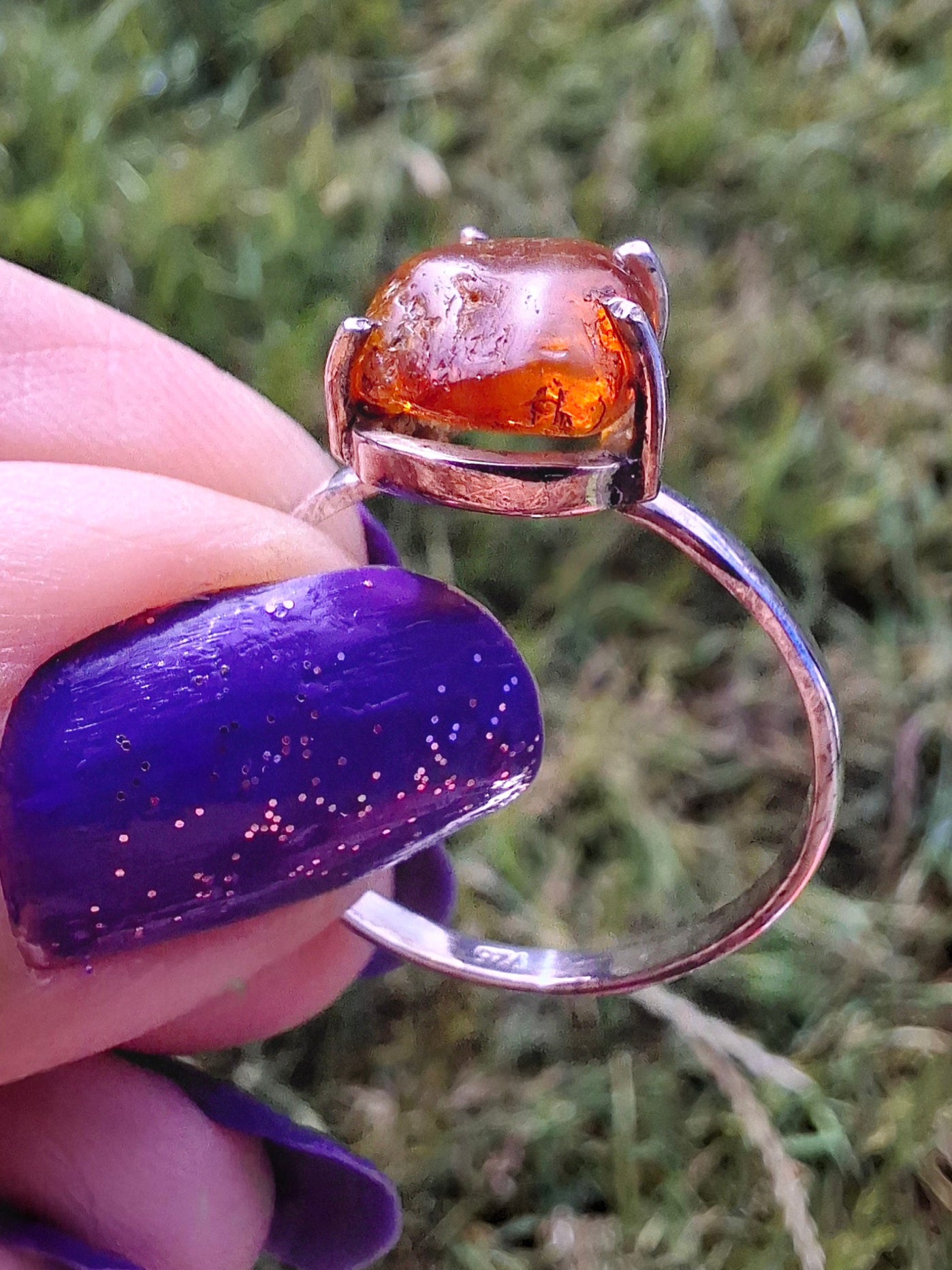Baltic Amber Ring, size large X, 925 Silver, Fossil (Ref: AR34)