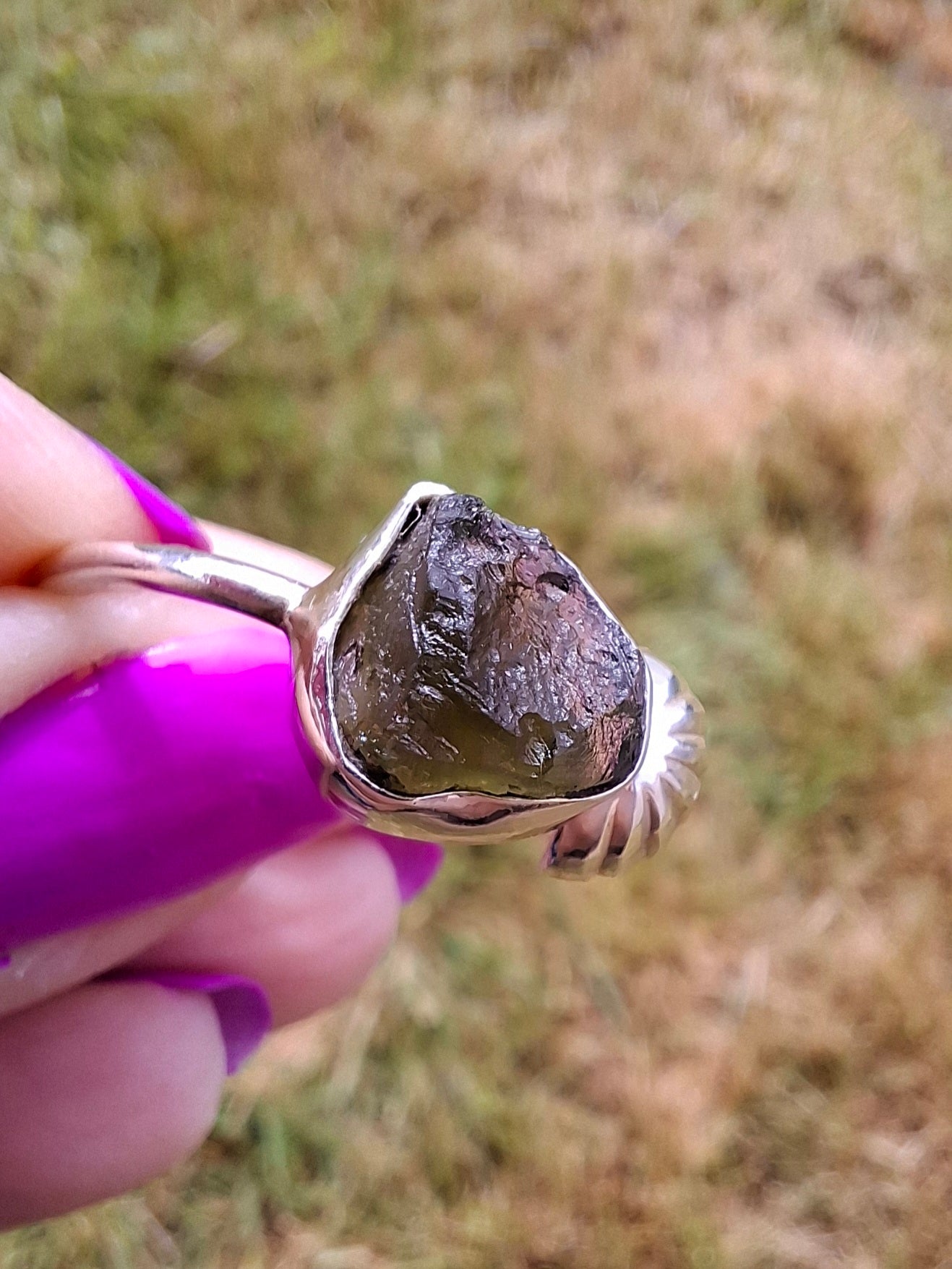 Moldavite ADJUSTABLE Ring, size large V/small W, 925 Silver, Tektite (Ref: AR51)