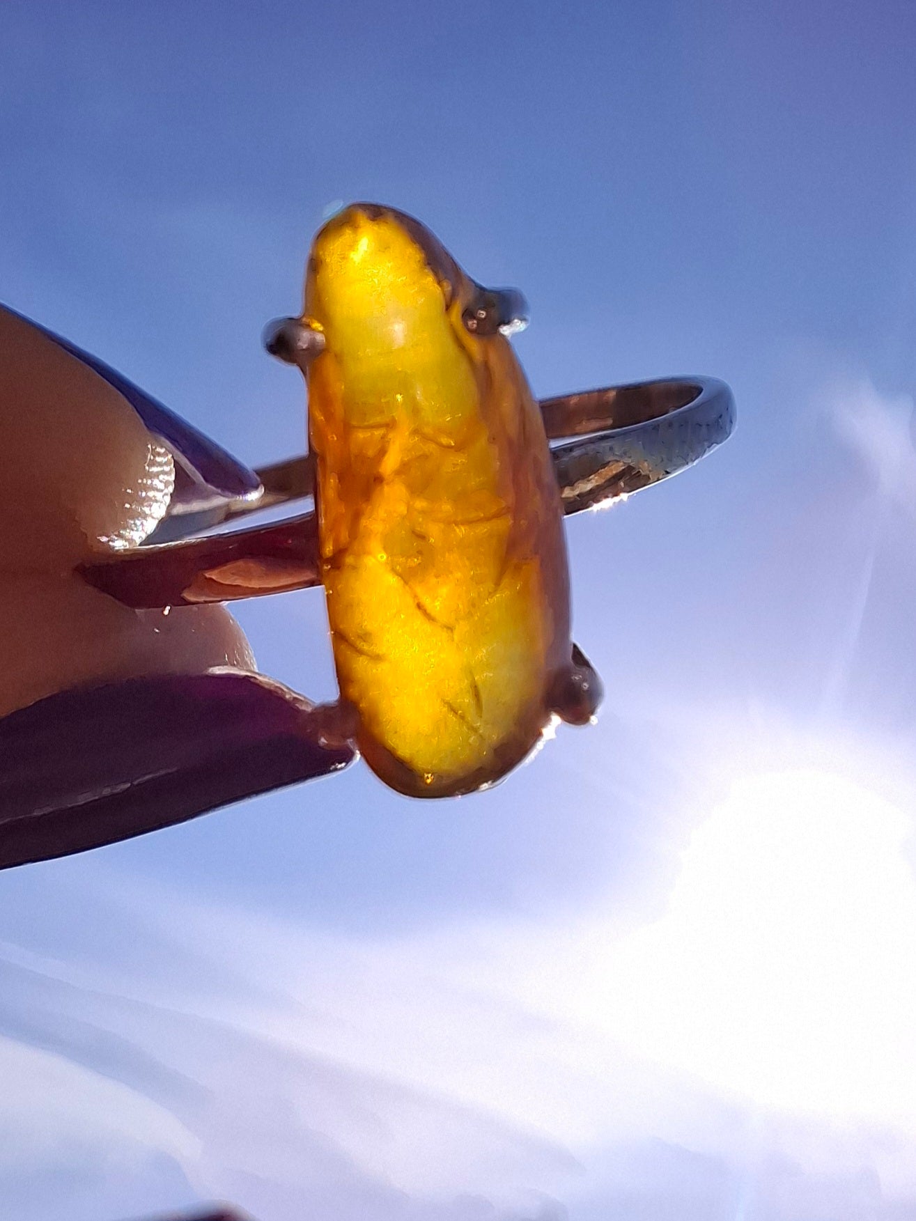 Baltic Amber Ring, size large V, 925 Silver, Fossil (Ref: AR25)