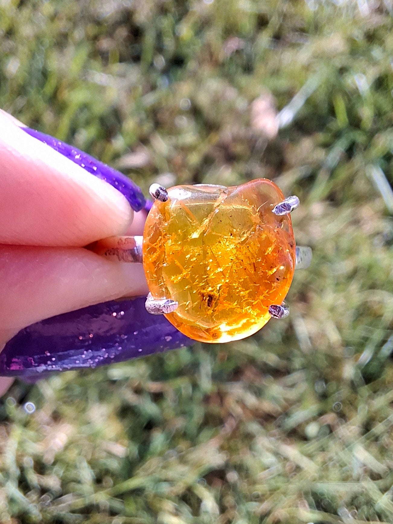 Baltic Amber Ring, size large Q, 925 Silver, Fossil (Ref: AR14)