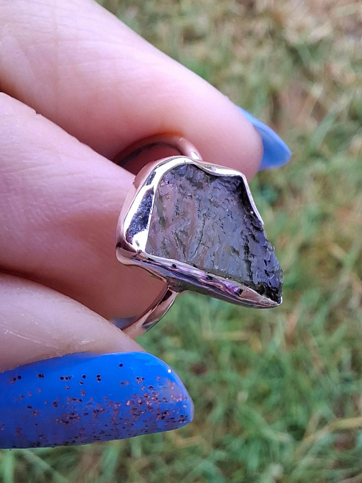 Moldavite Ring, size large M, 925 Silver, Tektite (Ref: R24)