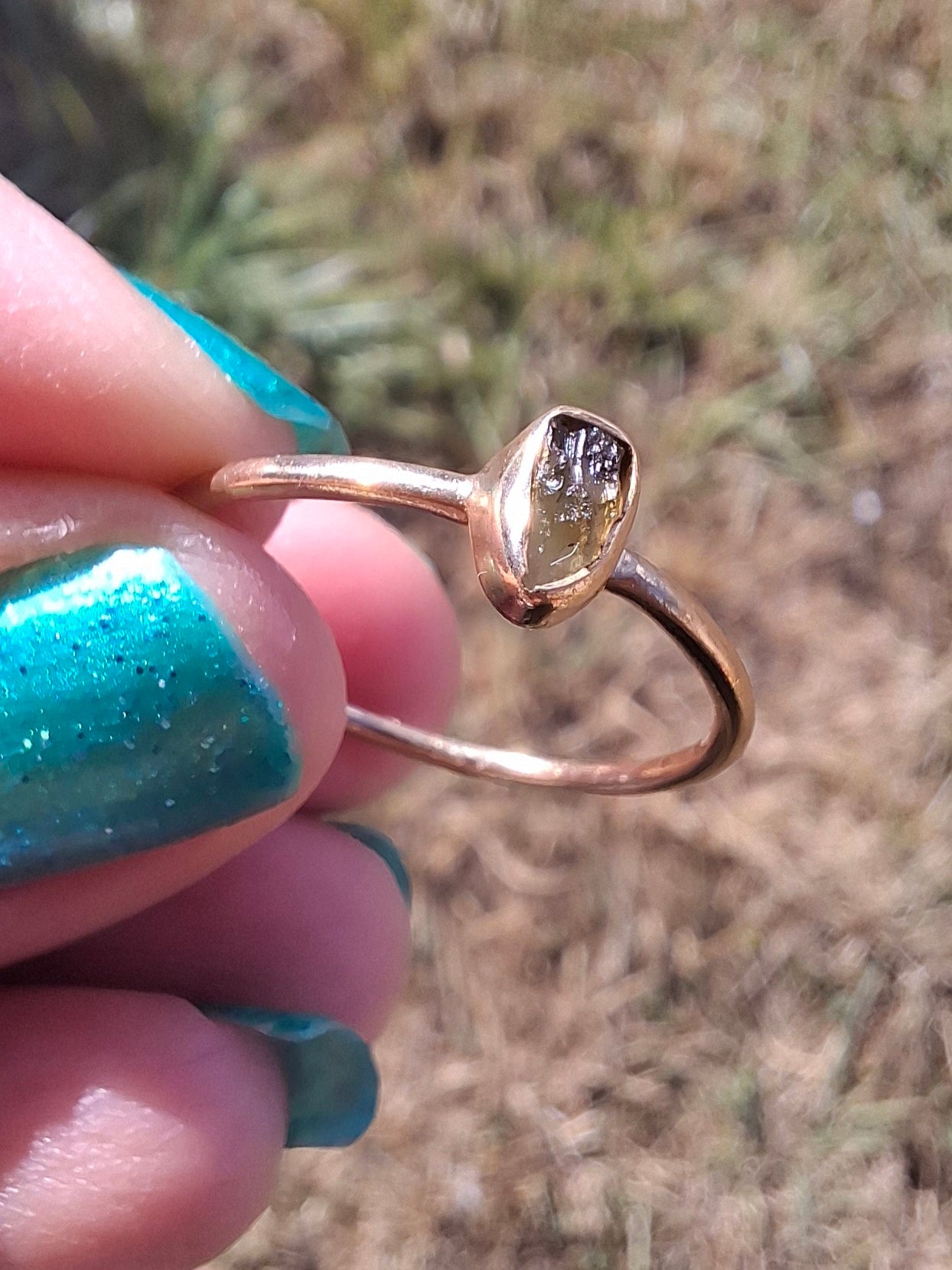 Moldavite Ring, 14K GOLD Plated, size large S, Tektite (Ref: R345)