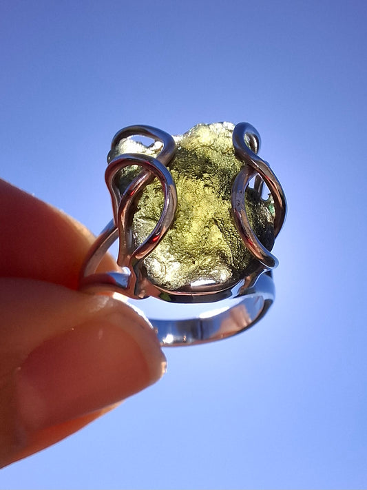 Moldavite Ring, size M, 925 Silver, Tektite (Ref: R5)