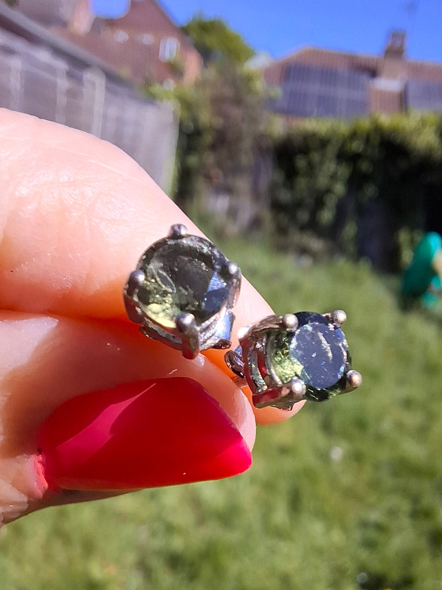 Moldavite (faceted), 5mm STUD EARRINGS, 925 Silver, Tektite (Ref: Pair52)
