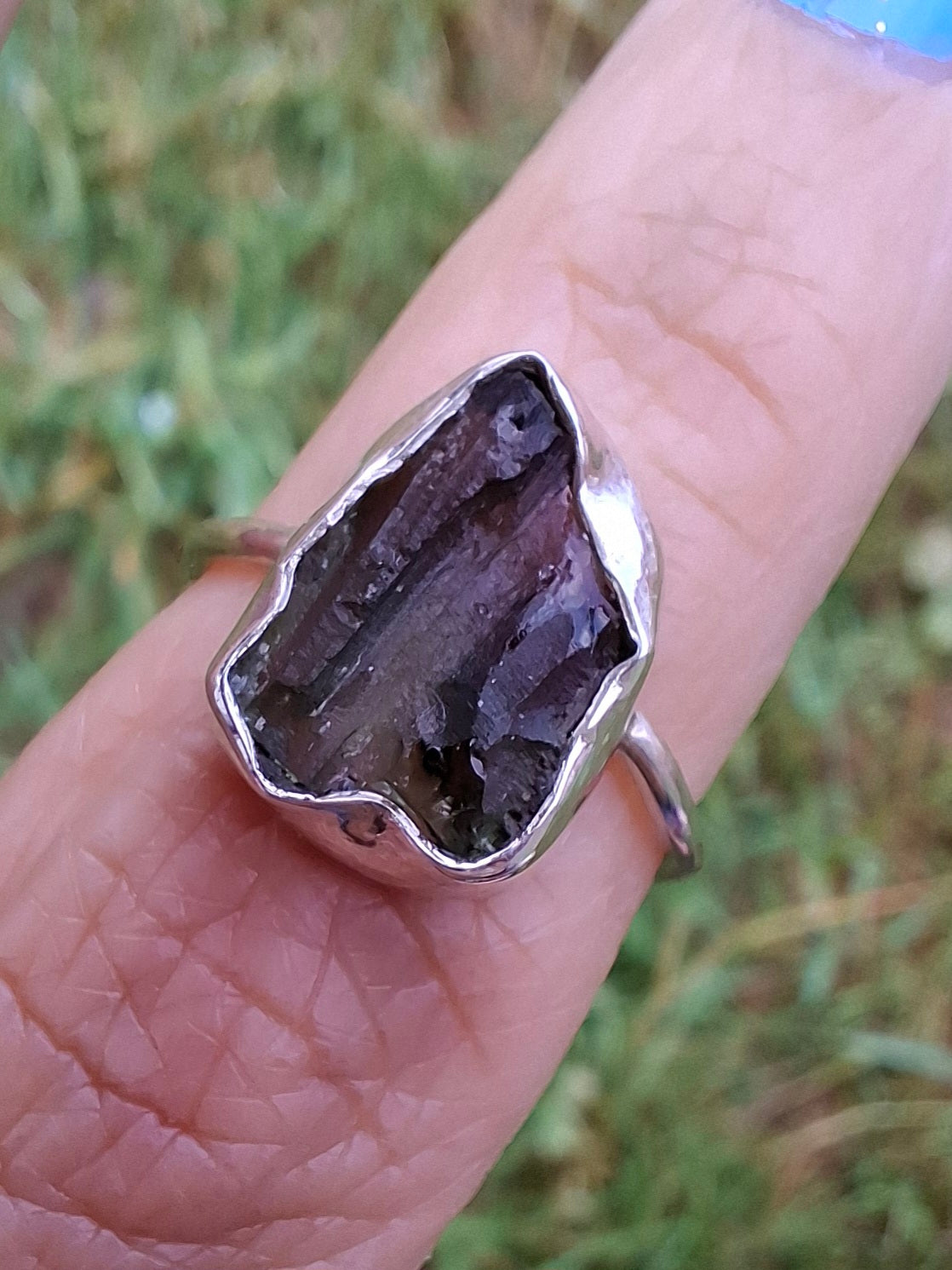 Moldavite Ring, size large N, 925 Silver, Tektite (Ref: R25)