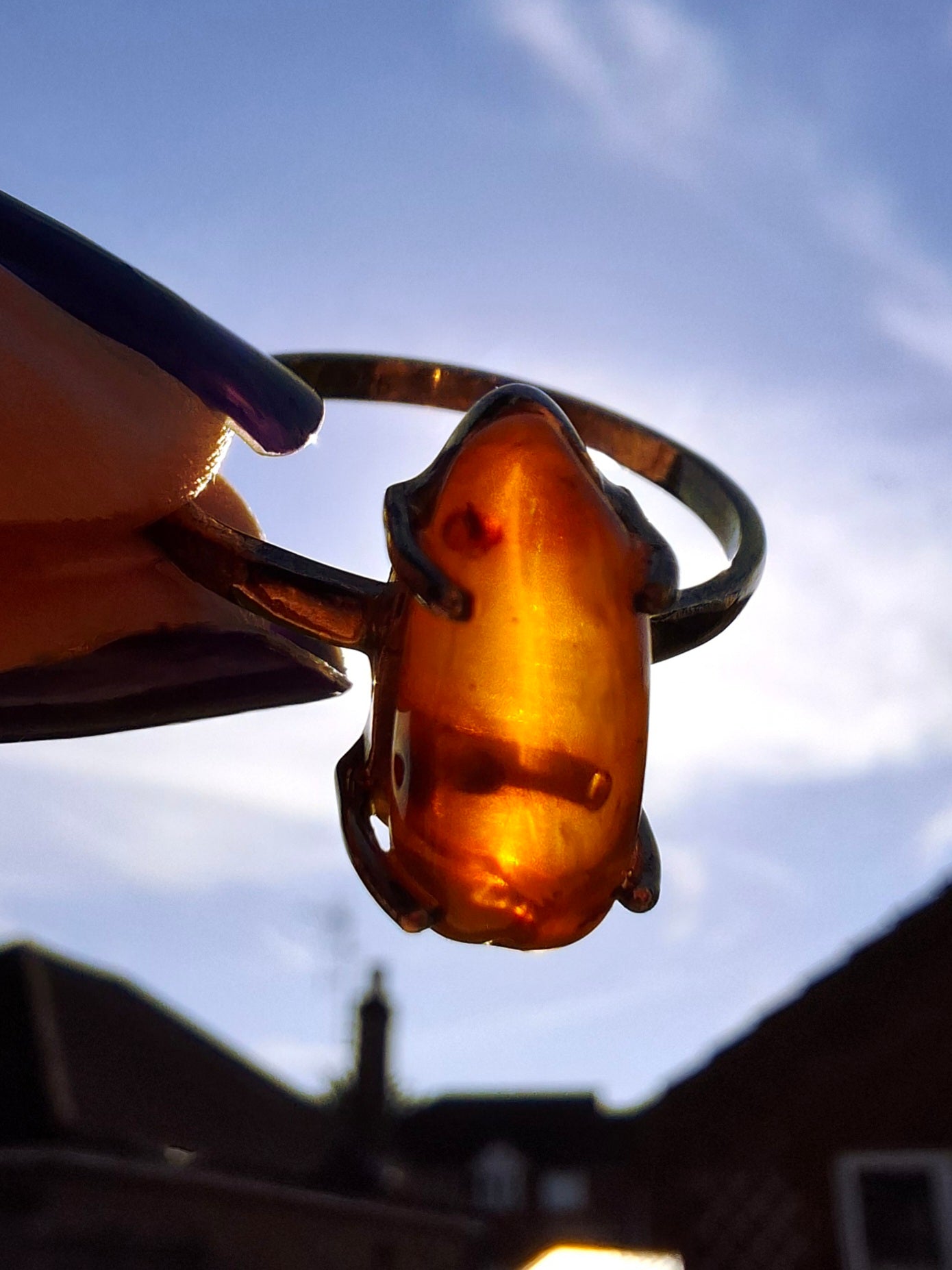 Baltic Amber Ring, size large V, 925 Silver, Fossil (Ref: AR23)