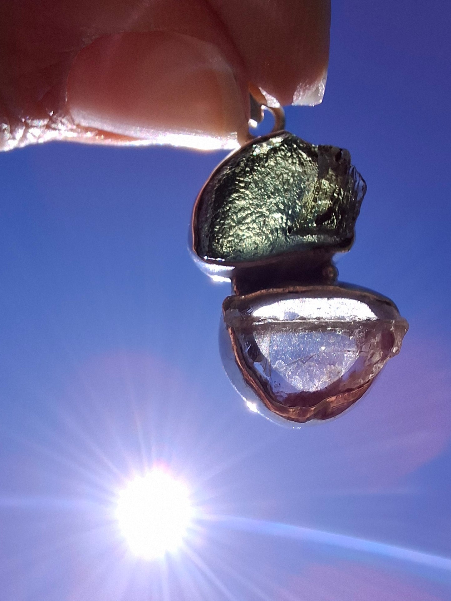Moldavite & Libyan Desert Glass Pendant, 925 Silver, Tektite (Ref: MLP17)
