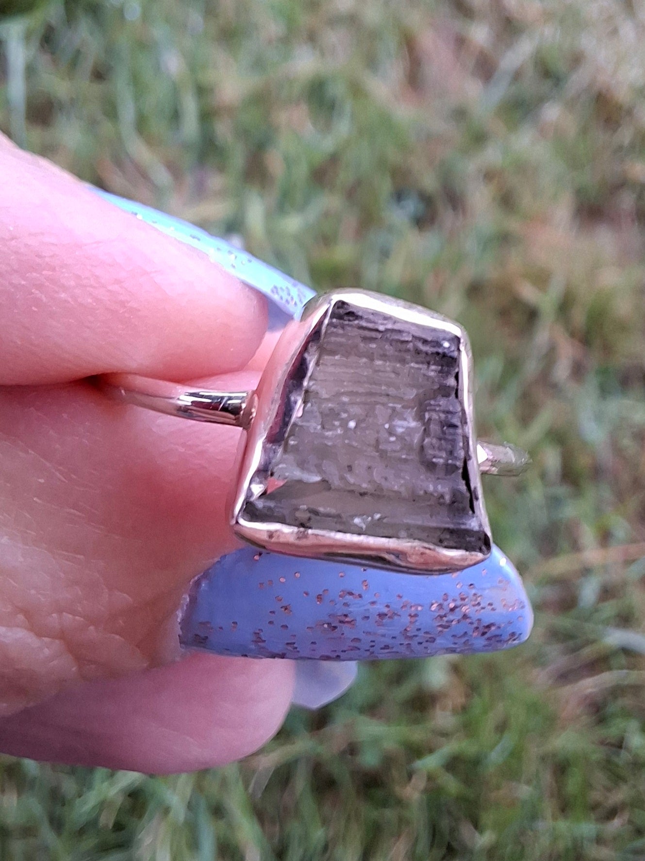 Moldavite Ring, size large P/small Q, 925 Silver, Tektite (Ref: R26)