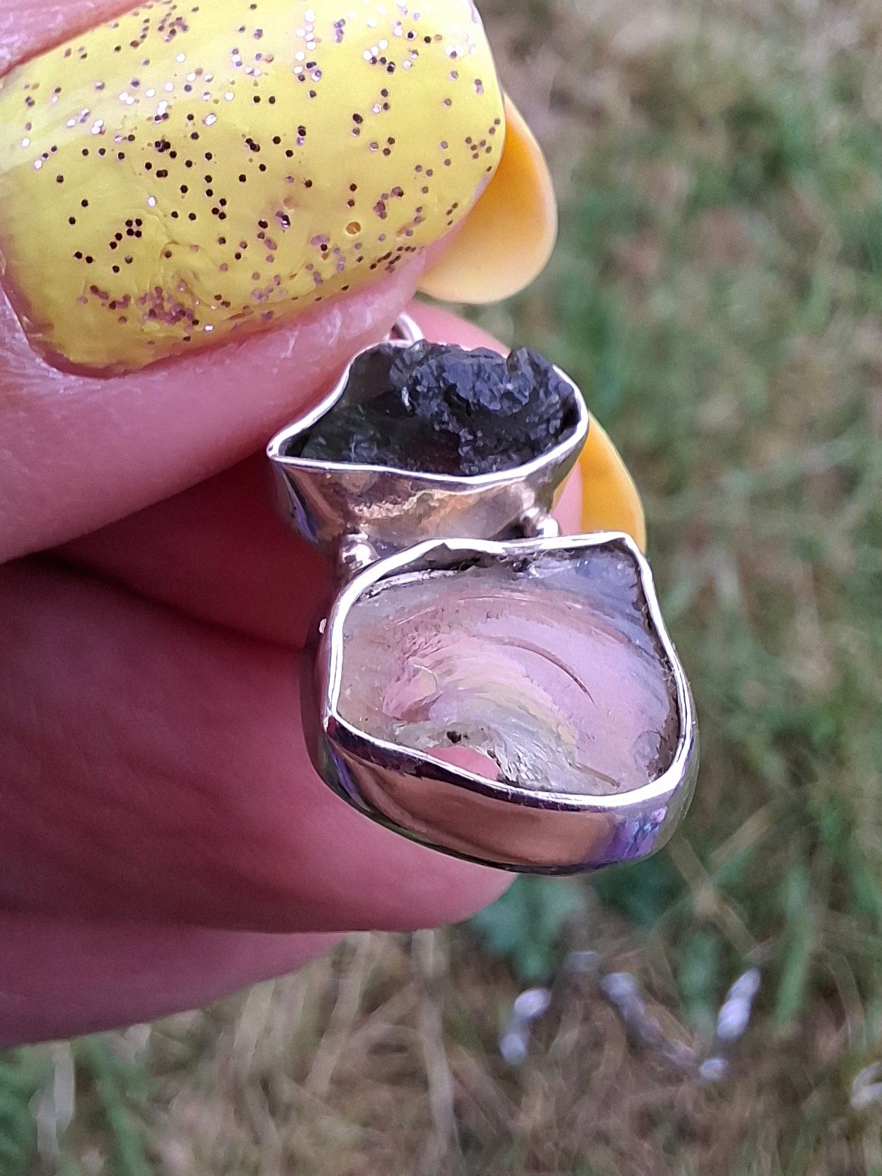 Moldavite & Libyan Desert Glass Pendant, 925 Silver, Tektite (Ref: MLP13)