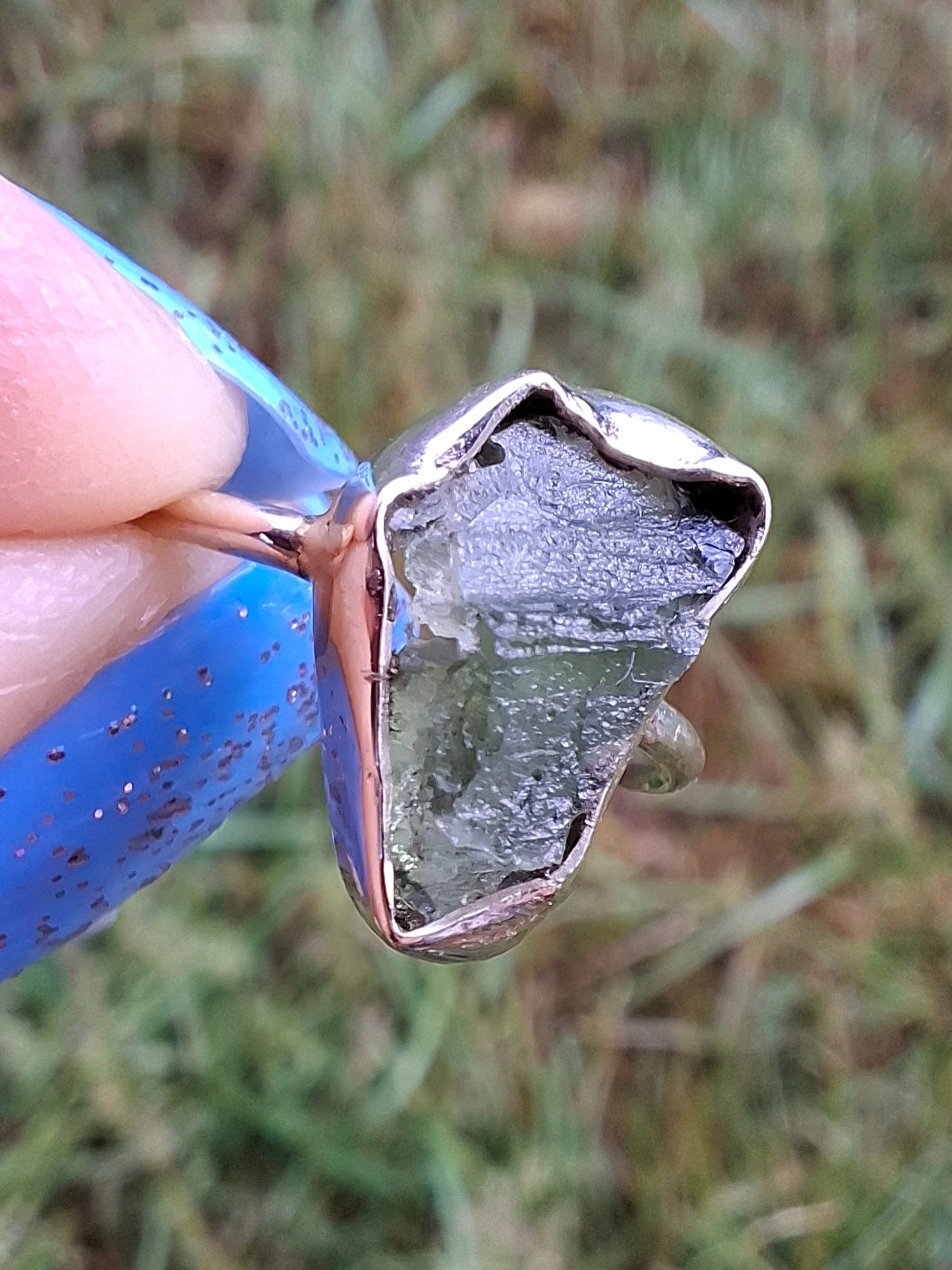 Moldavite Ring, size large G/small H, 925 Silver, Tektite (Ref: R19)