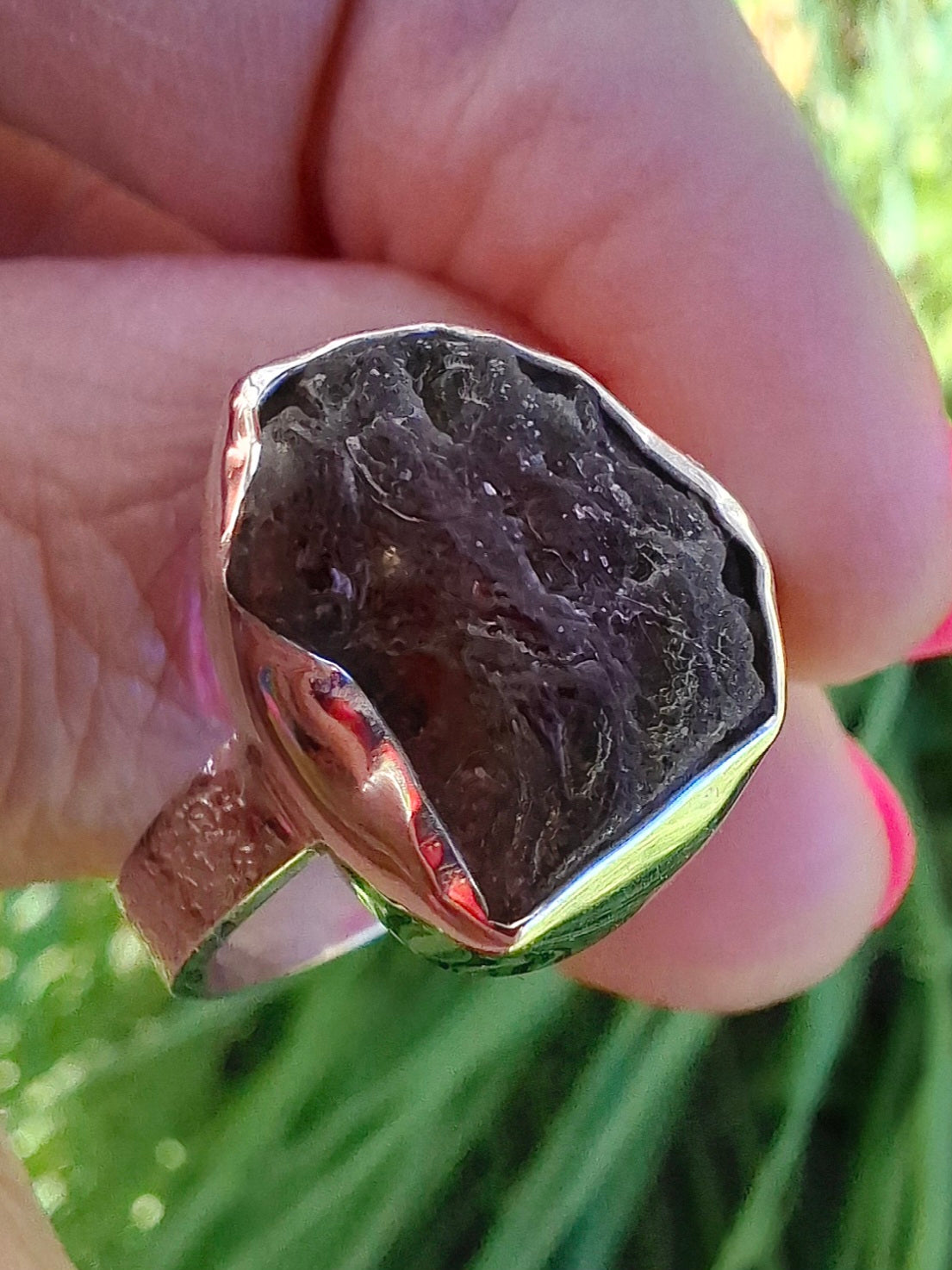 Moldavite Ring, size R, 925 Silver, Tektite (Ref: R318)