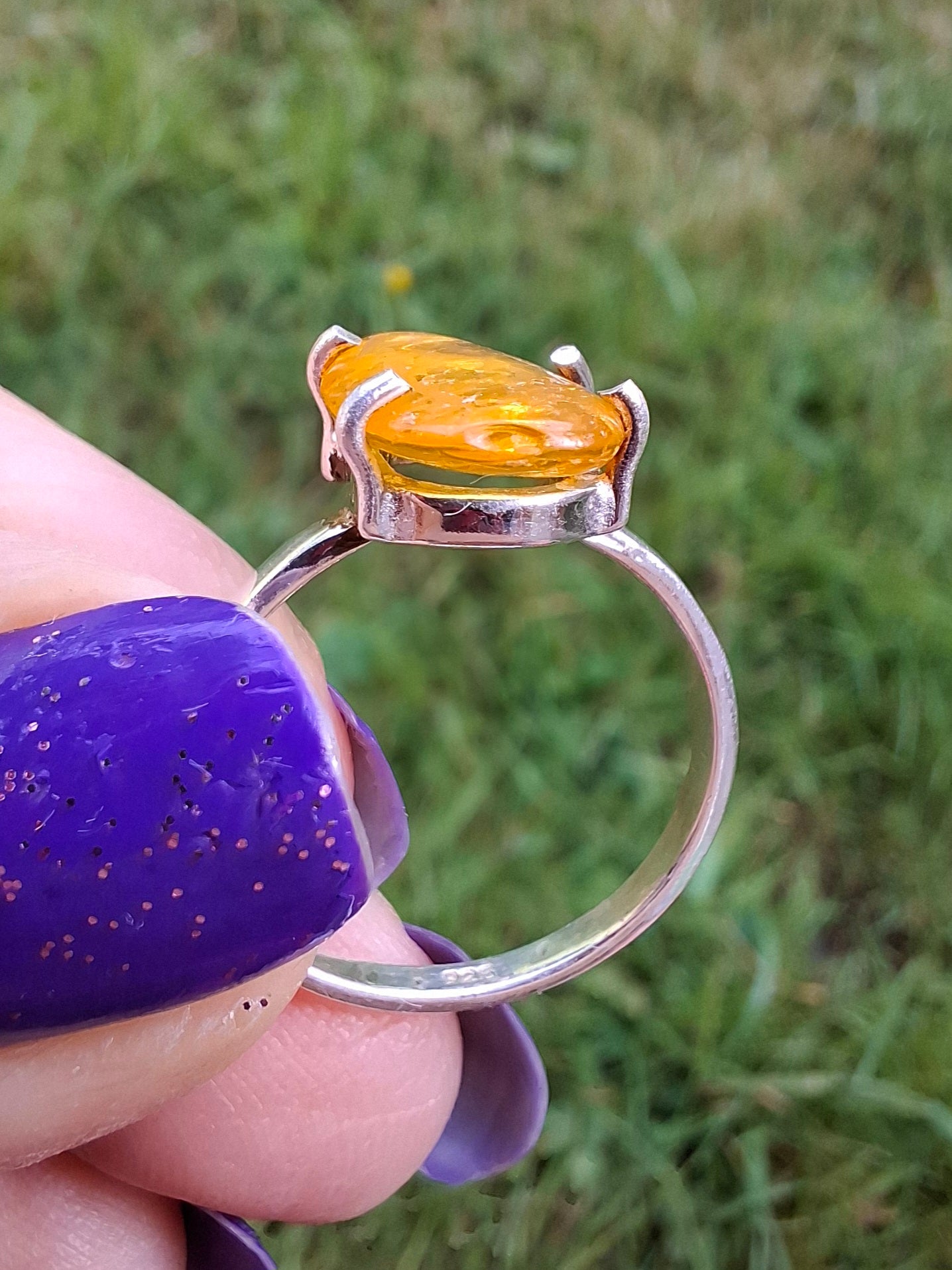 Baltic Amber Ring, size large N, 925 Silver, Fossil (Ref: AR9)