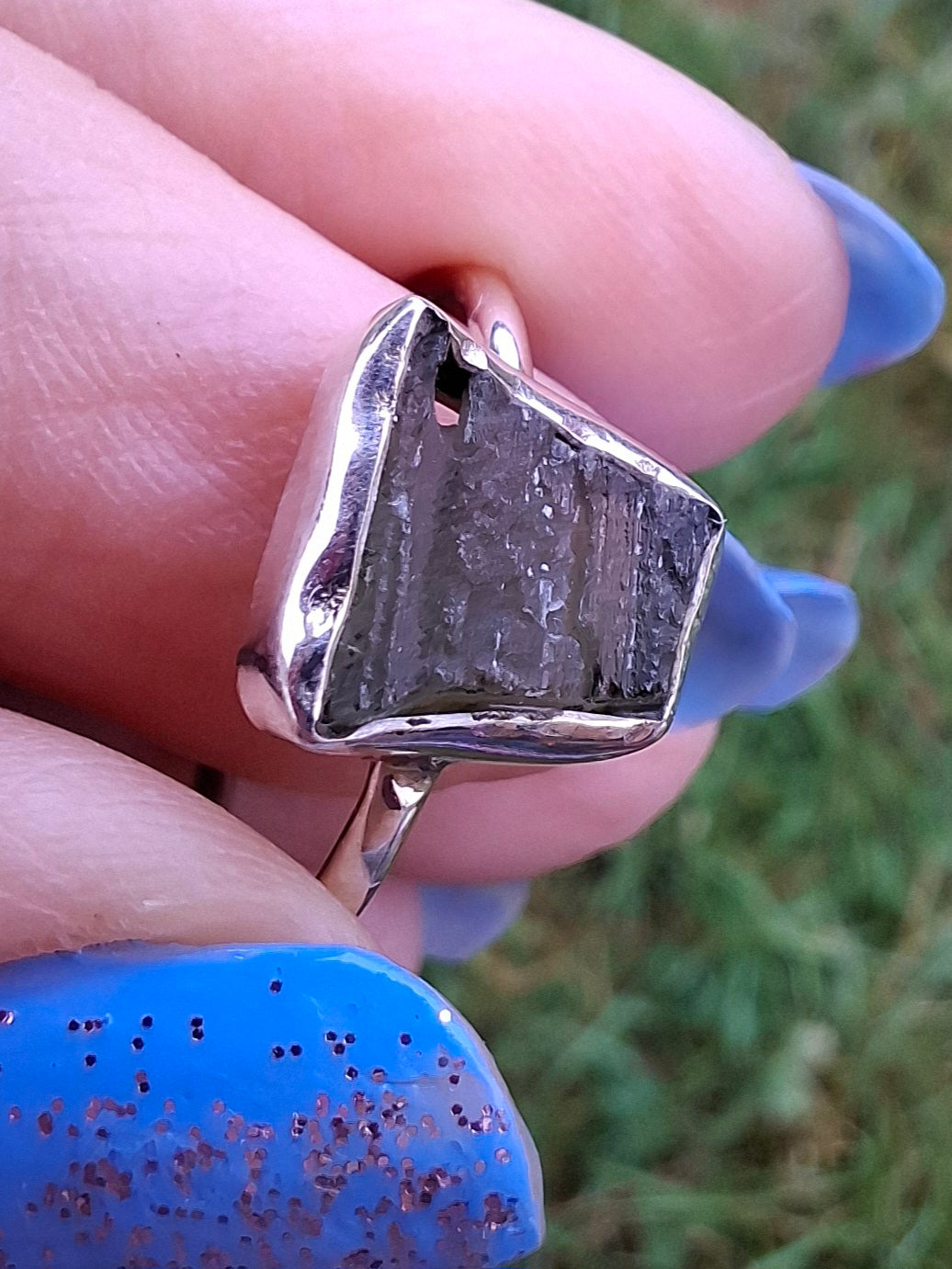 Moldavite Ring, size large P/small Q, 925 Silver, Tektite (Ref: R26)