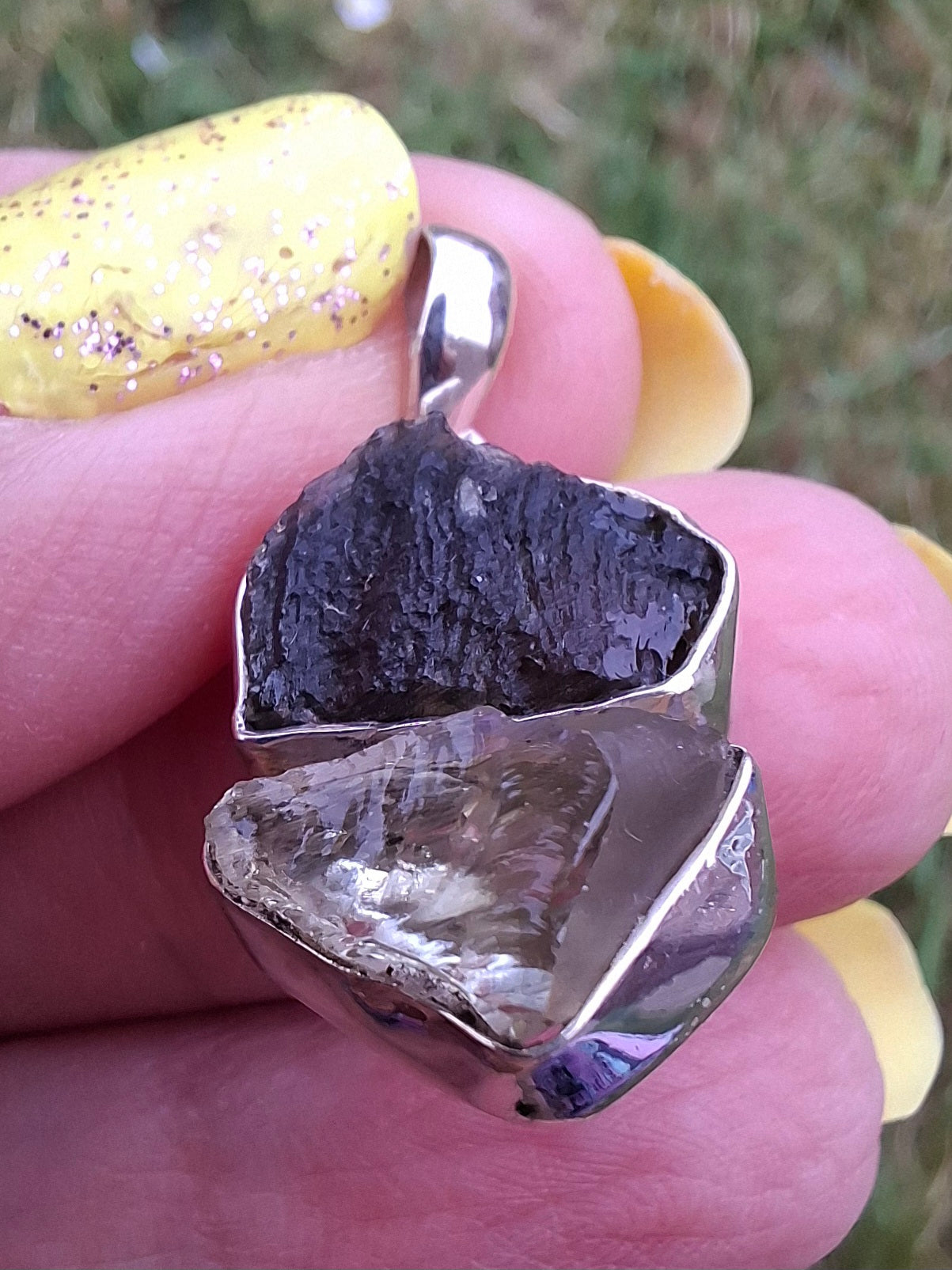 Moldavite & Libyan Desert Glass Pendant, 925 Silver, Tektite (Ref: MLP3)