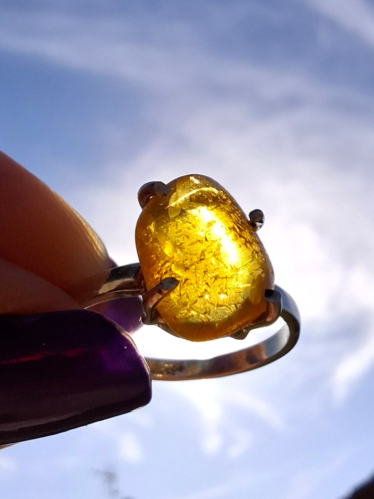 Baltic Amber Ring, size large O, 925 Silver, Fossil (Ref: AR12)
