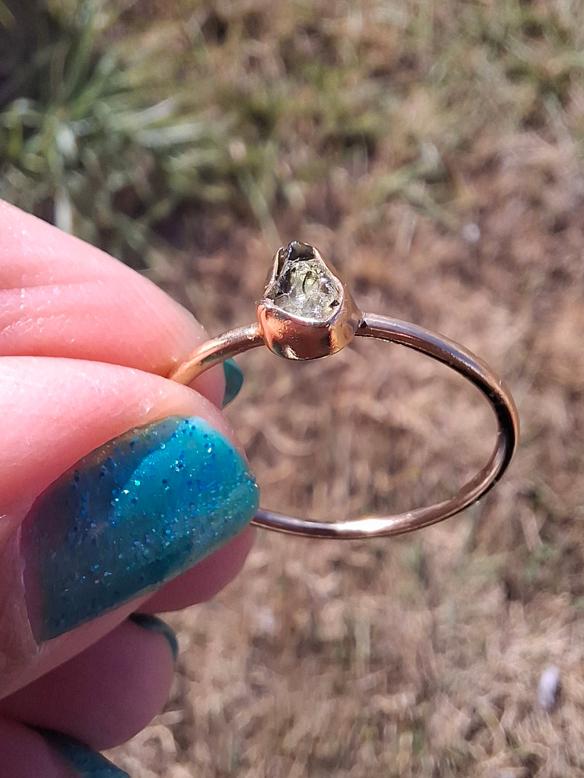 Moldavite Ring, 14K GOLD Plated, size large T, Tektite (Ref: R350)
