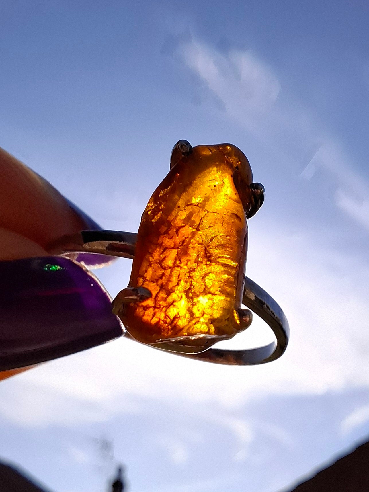 Baltic Amber Ring, size large Y, 925 Silver, Fossil (Ref: AR22)