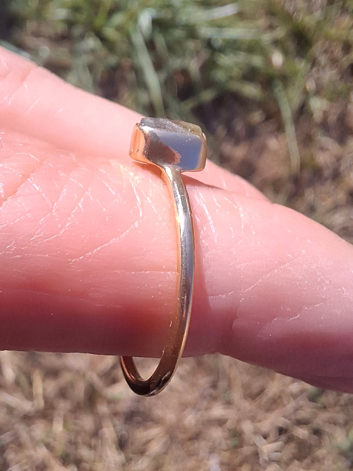 Moldavite Ring, 14K GOLD Plated, size large M, Tektite (Ref: R337)
