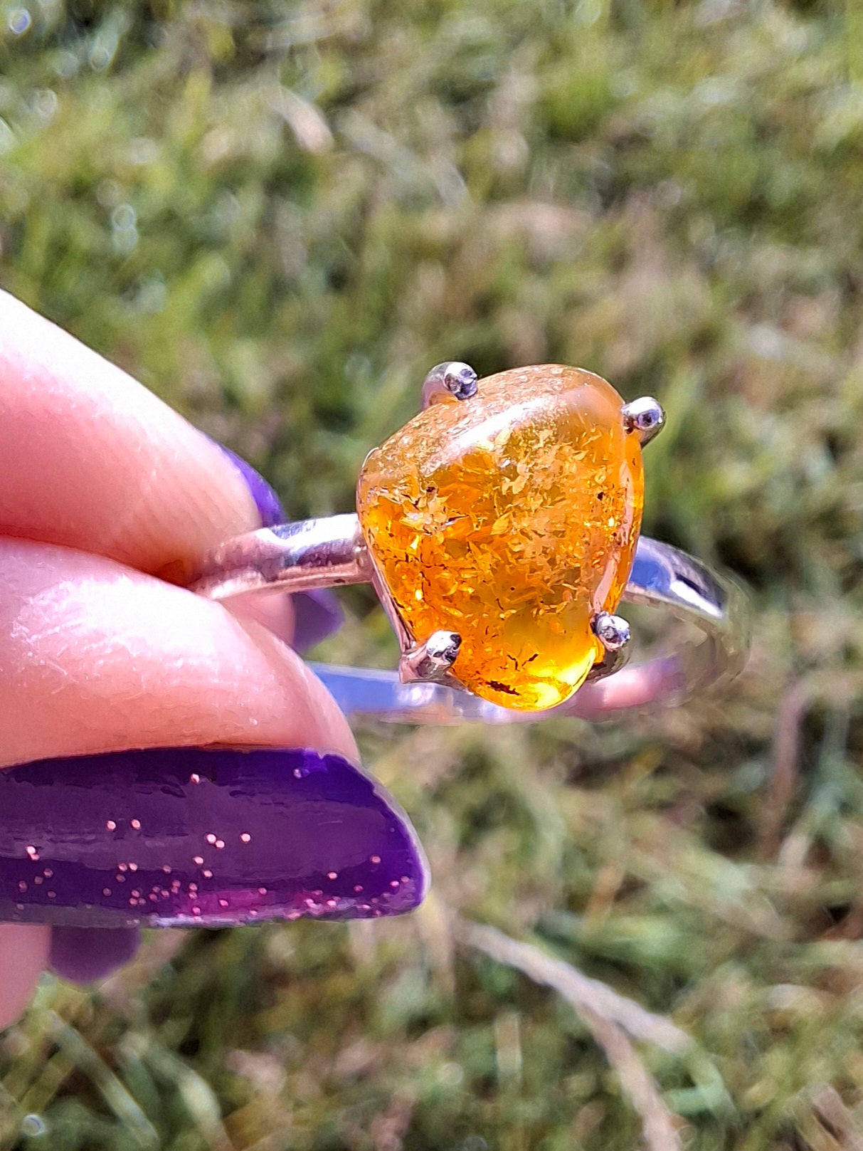 Baltic Amber Ring, size large Y, 925 Silver, Fossil (Ref: AR37)