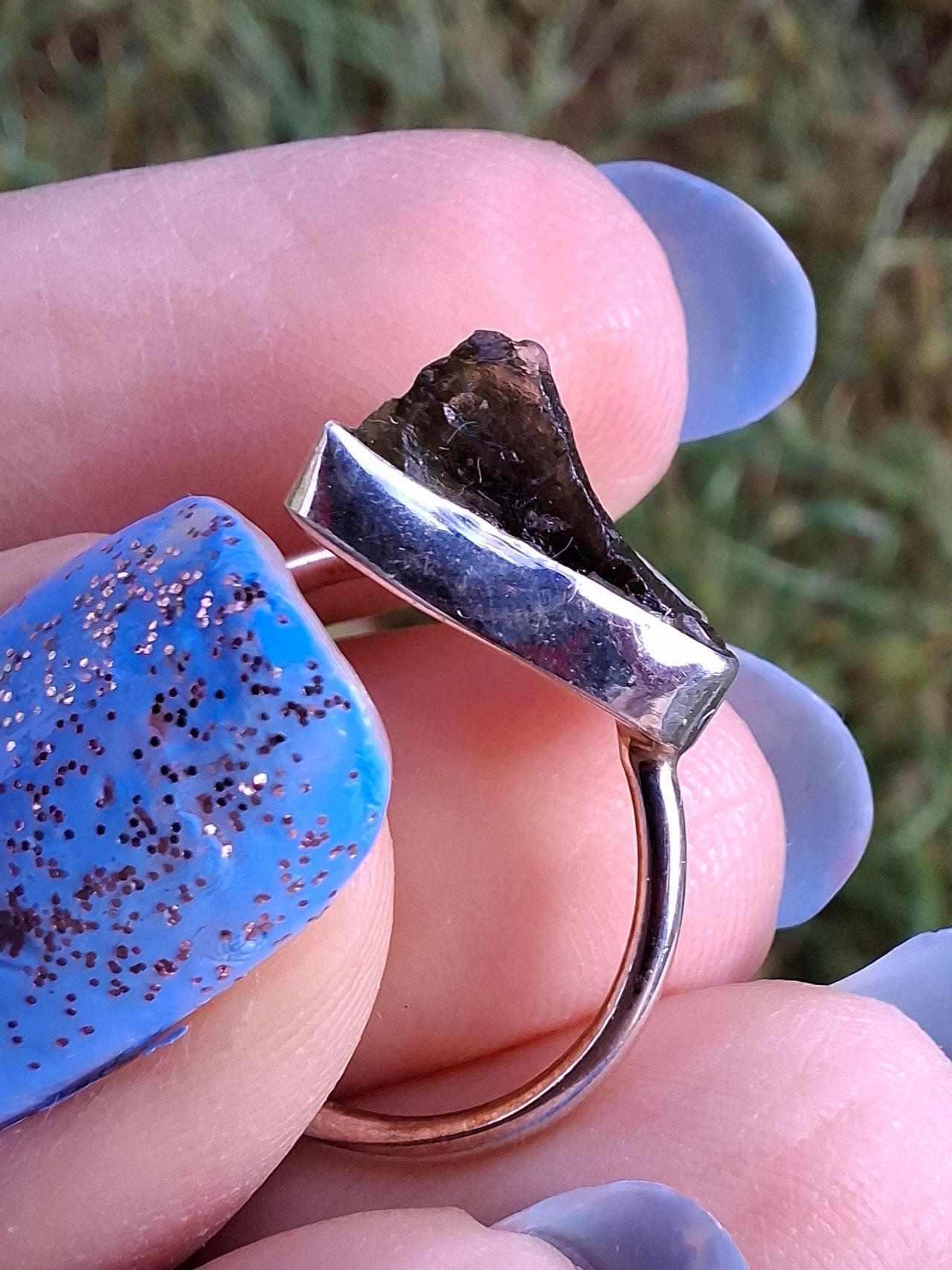 Moldavite Ring, size large J, 925 Silver, Tektite (Ref: R20)