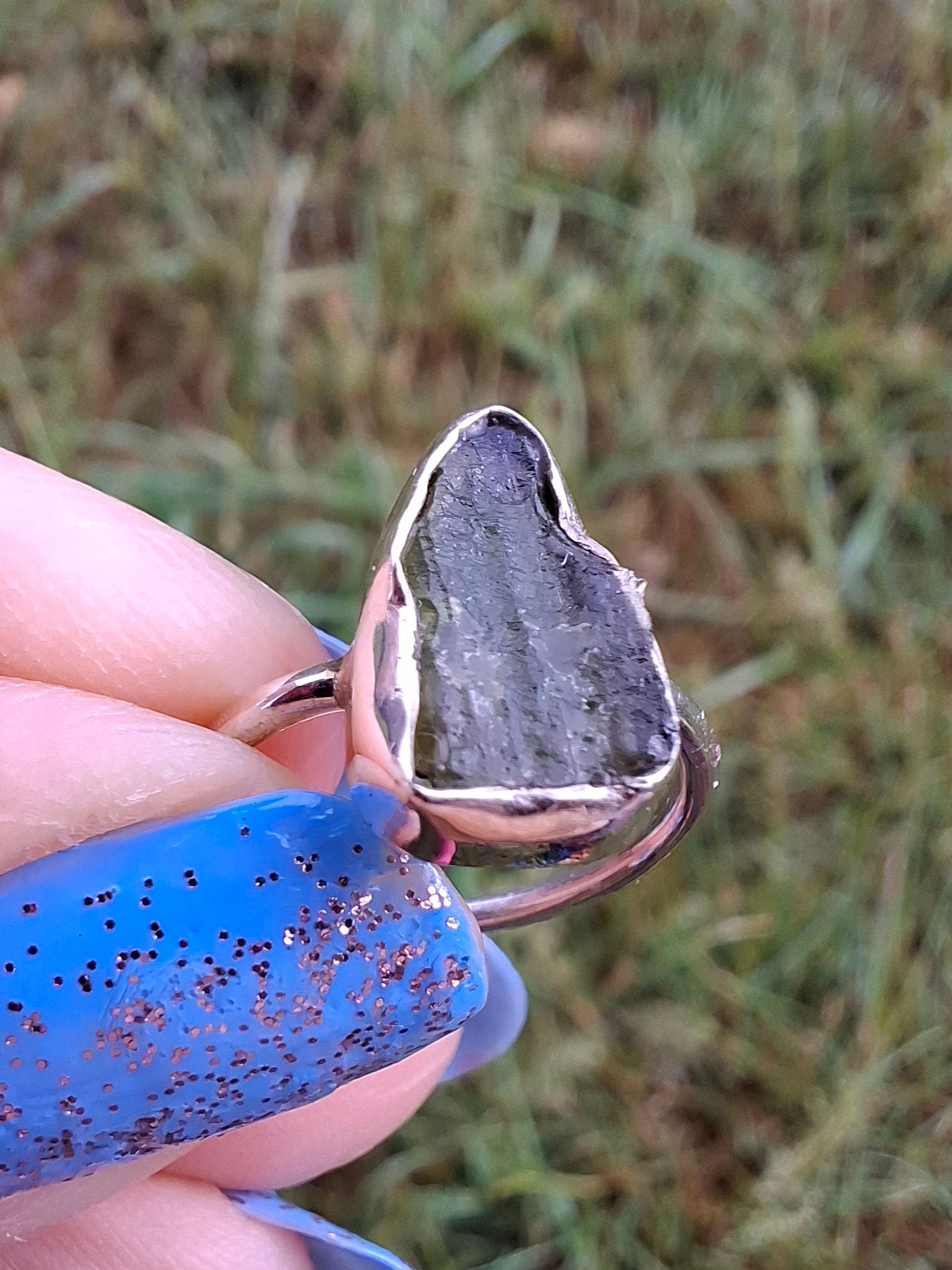 Moldavite Ring, size Large G, 925 Silver, Tektite (Ref: R18)