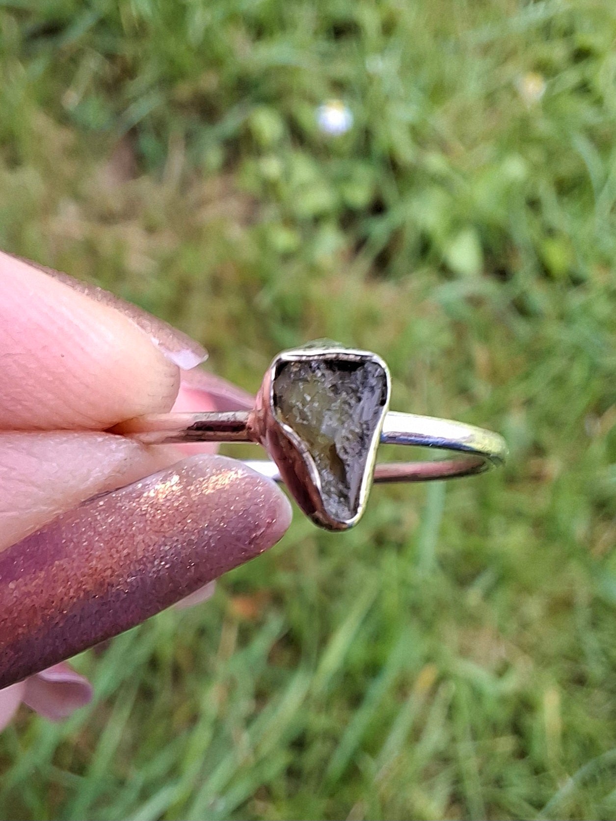 Moldavite Ring, size Q, 925 Silver, Tektite (Ref: R46)