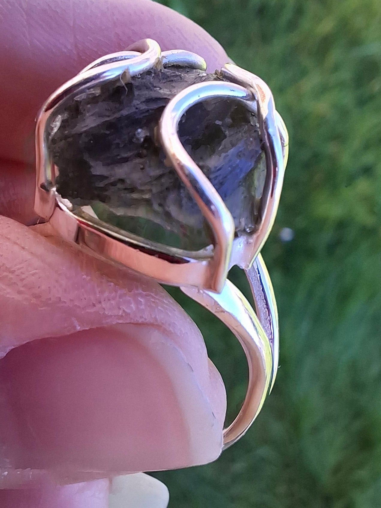 Moldavite Ring, size S, 925 Silver, Tektite (Ref: R12)