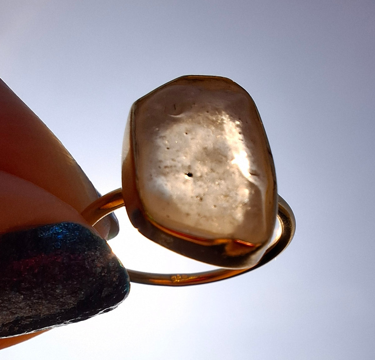 Libyan Desert Glass Ring, 14K GOLD Plated, size large O, Tektite (Ref: LR71)