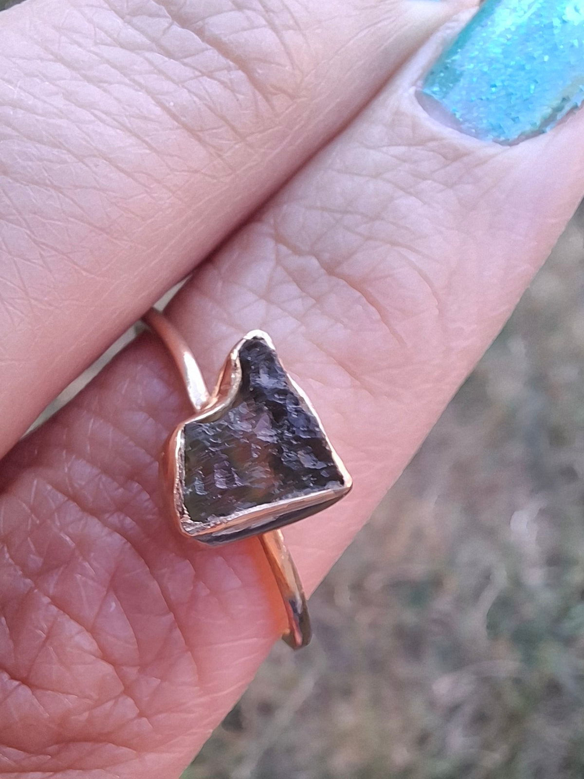 Moldavite Ring, 14K GOLD Plated, size large U, Tektite (Ref: R351)