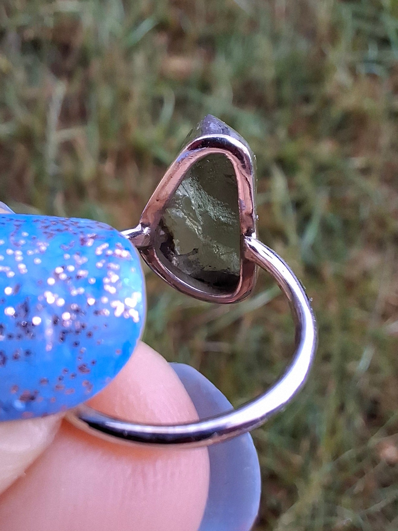 Moldavite Ring, size large G/small H, 925 Silver, Tektite (Ref: R19)
