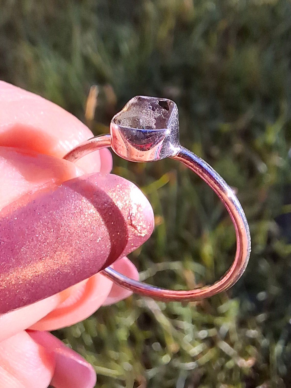Moldavite Ring, size small Q, 925 Silver, Tektite (Ref: R44)