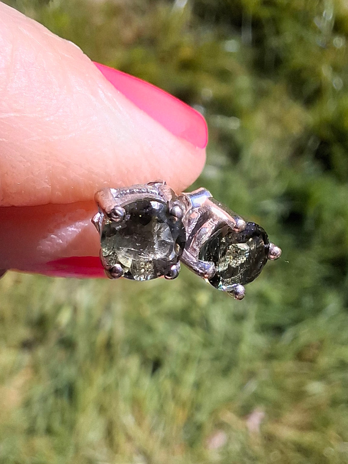 Moldavite (faceted), 5mm STUD EARRINGS, 925 Silver, Tektite (Ref: Pair52)