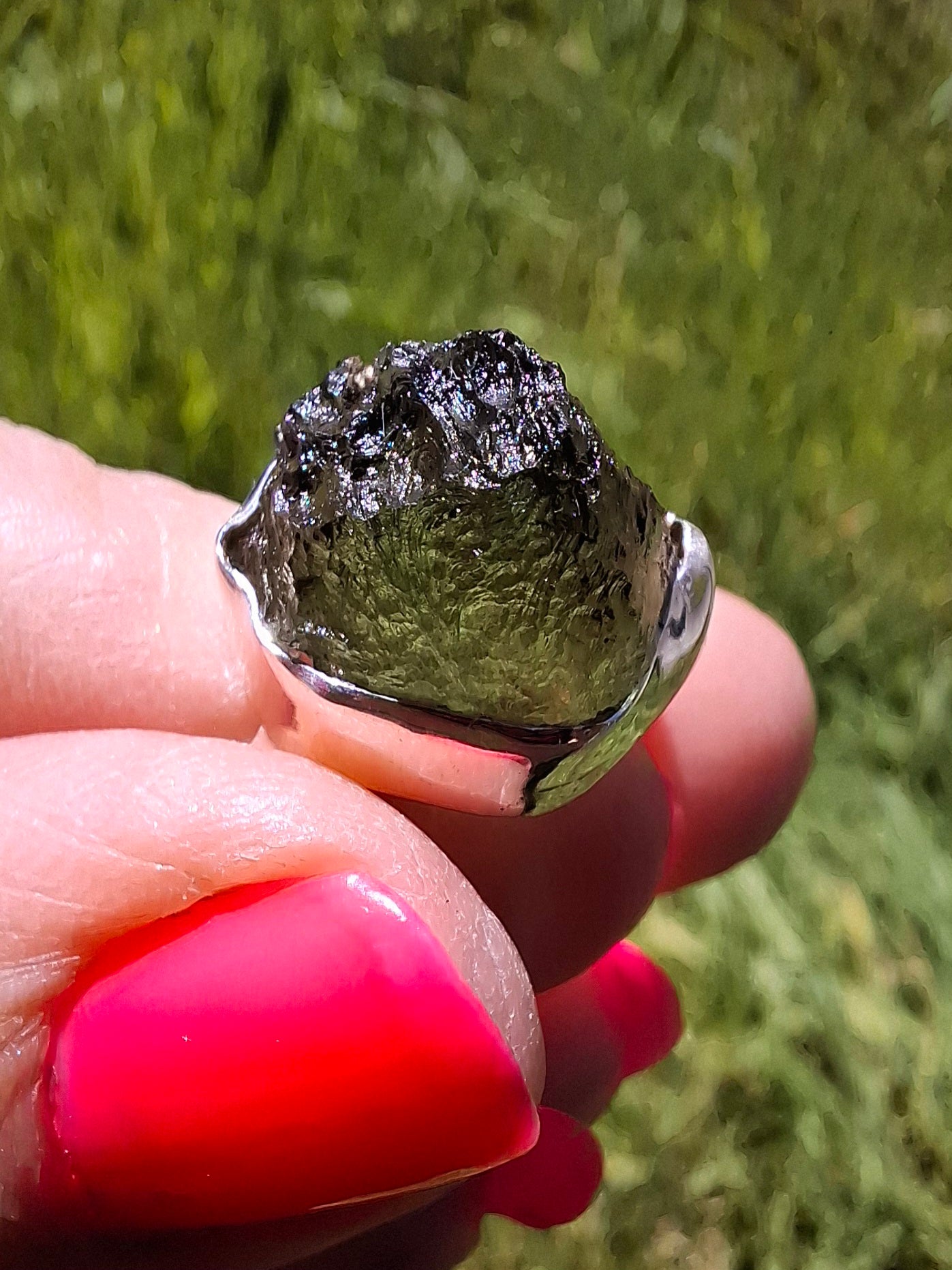 Moldavite Ring, size O, 925 Silver, Tektite (Ref: R312)