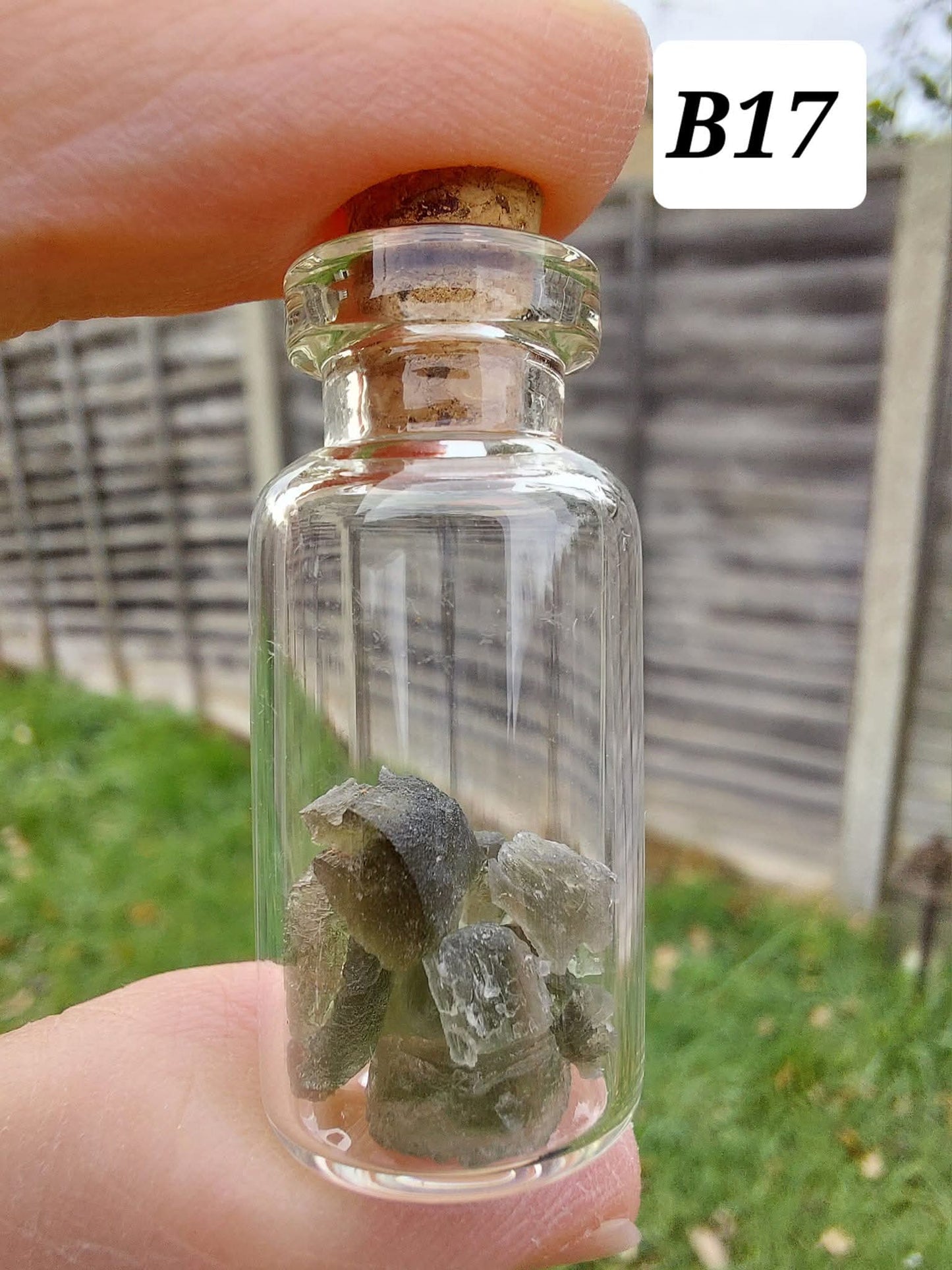 Moldavite chips (1.50g) in 3ml glass Bottle, Tektite (Ref: B17)